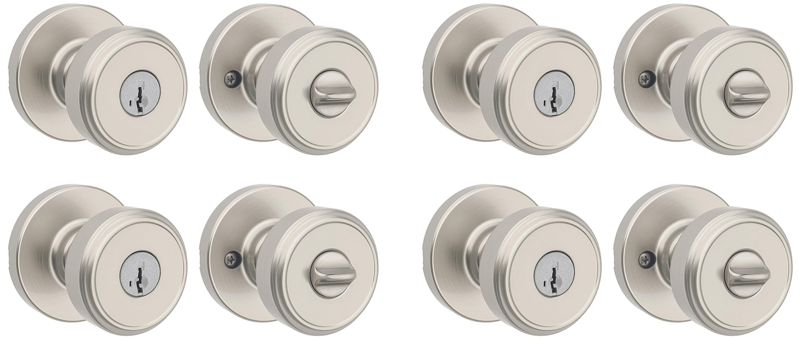 Kwikset Maven Entry Door Knob with Lock and Key, Secure Keyed Handle Exterior, Front Entrance and Bedroom, Satin Nickel, Pick Resistant SmartKey Rekey Security and Microban (Pack of 4)