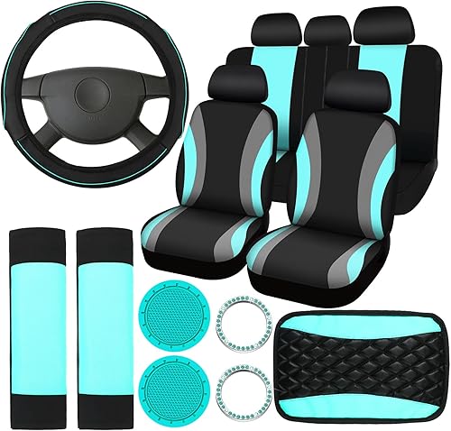 Miniatura 7 de Juego completo de 17 fundas de asiento de automóvil, funda para volante, almohadilla de consola central, funda para reposabrazos de seguridad,
