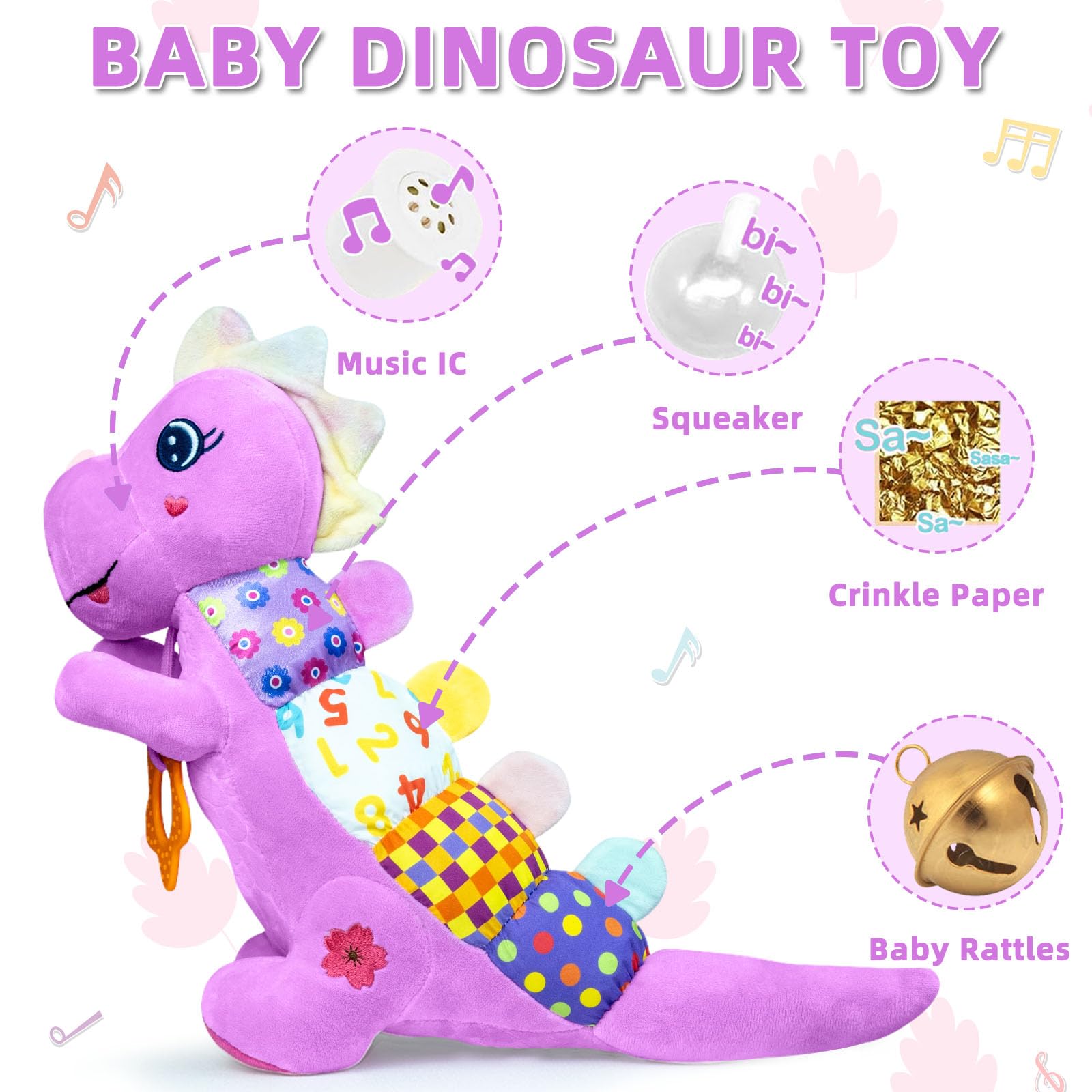 Baby Dino Giocattoli musicali di peluche per 0-3-6-9-12 mesi, dinosauro per neonati, giocattoli per la pancia, con carta sonora increspata, massaggiagengive, texture e sonagli per neonati, ragazzi e