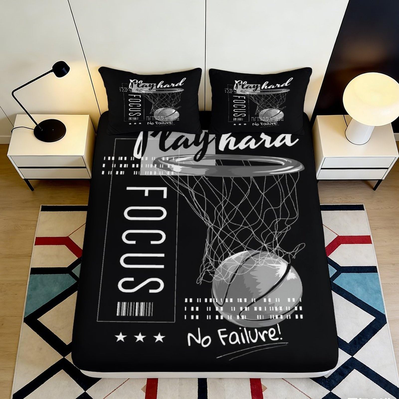 3D Printed Basketball Hoop Fitted Sheet Microfiber Sports Theme Bed Cover for Bedroom Dorm Easy Care Decor 90x200x25cm