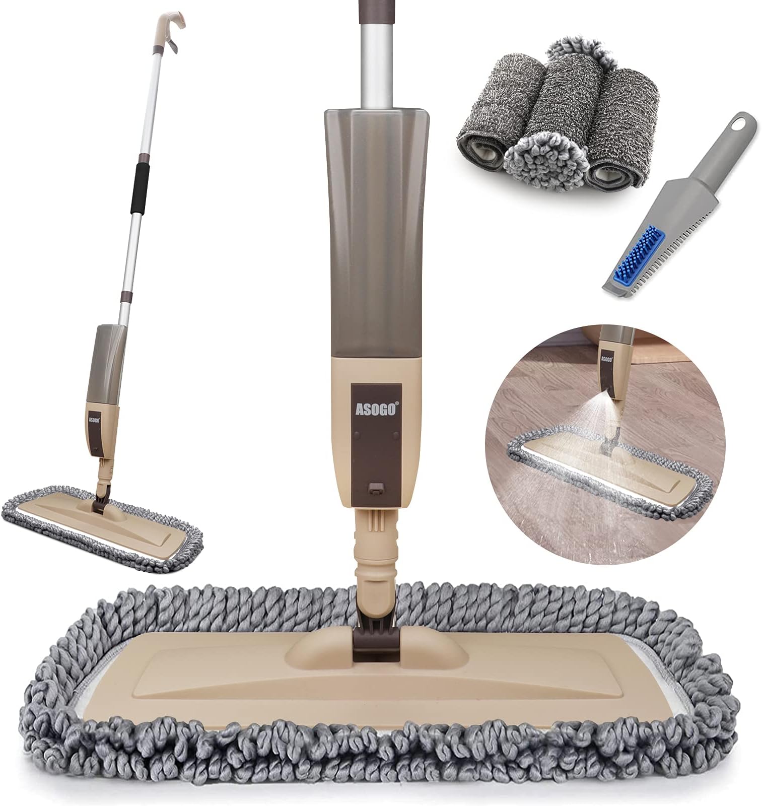 Spray Mop for Floor Cleaning, Floor Mop with a Refillable Spray Bottle and 2 Washable Pads, Flat Mop for Home Kitchen Hardwood Laminate Wood Ceramic Tiles Floor Cleaning (Brown)