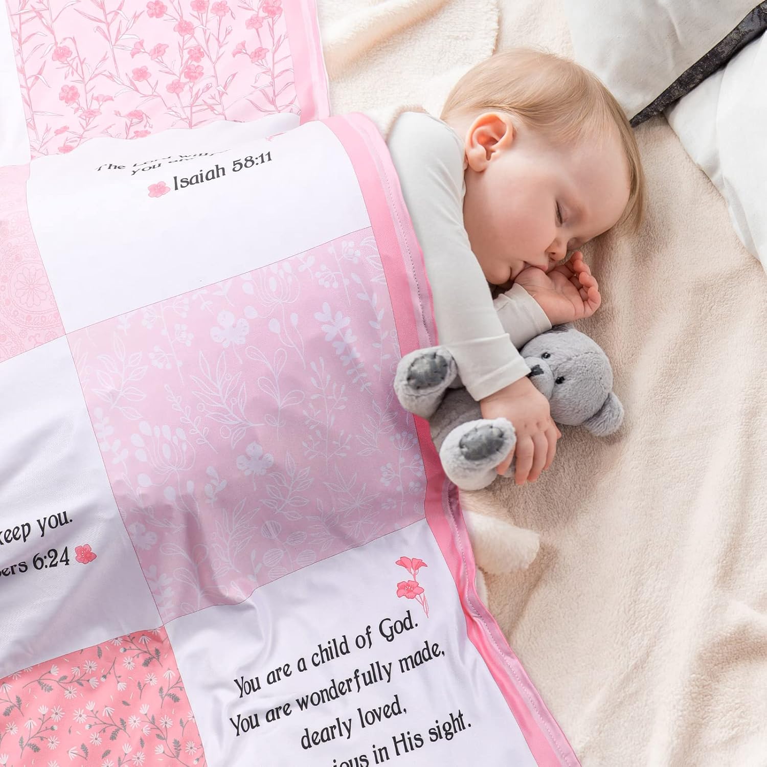 Oudain Christian Baby Blankets with Bible Verses Scripture Flowers Paisley Baby Receiving Baptism Blanket Christian Christening Gifts for Newborn Kids, 30 x 40 Inch(Pink) - Image 4