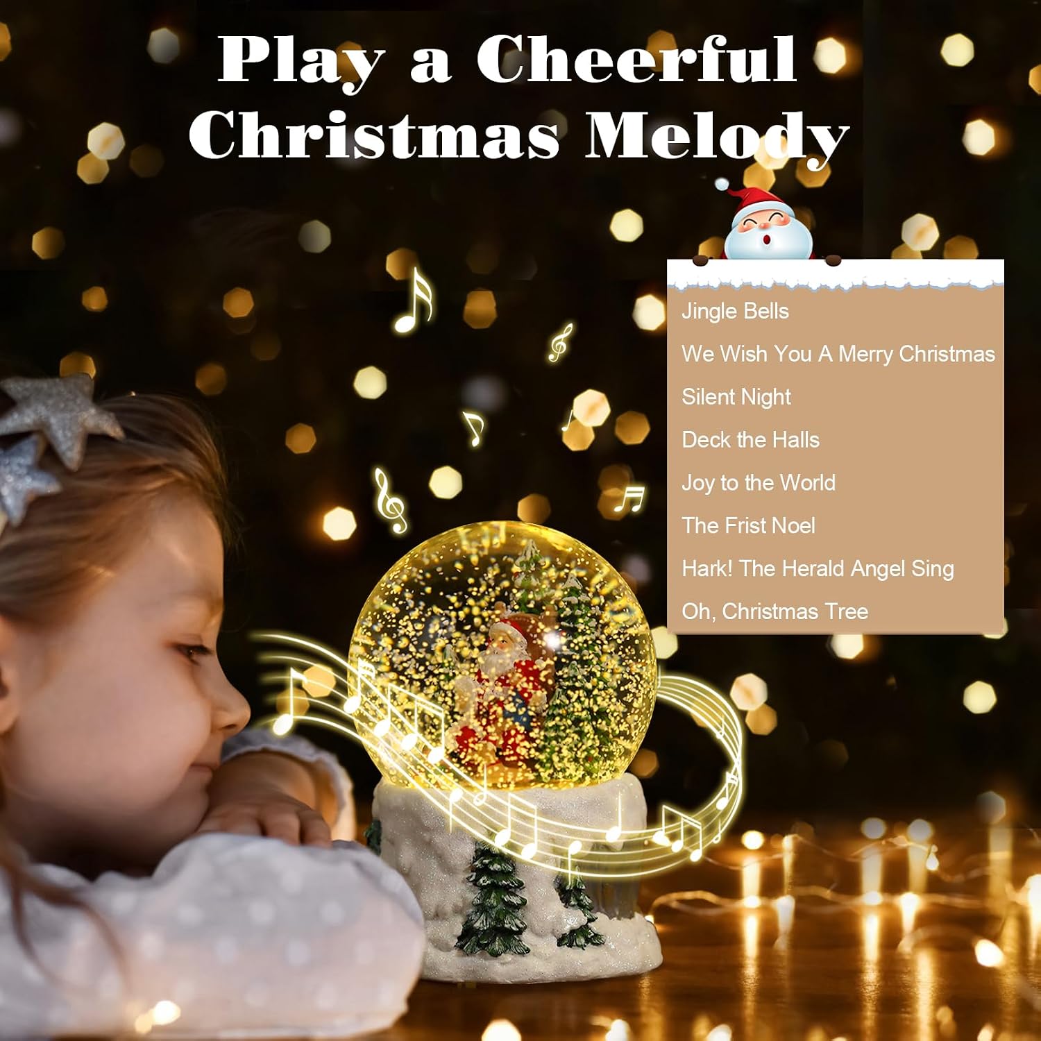 Lewondr Christmas Snow Globe, Santa Claus Xmas Music Box with Swirling Snowflake & Light, Battery & USB Powered Xmas Water Globe, Christmas Tree Decoration for Home Bedroom Fireplace, White