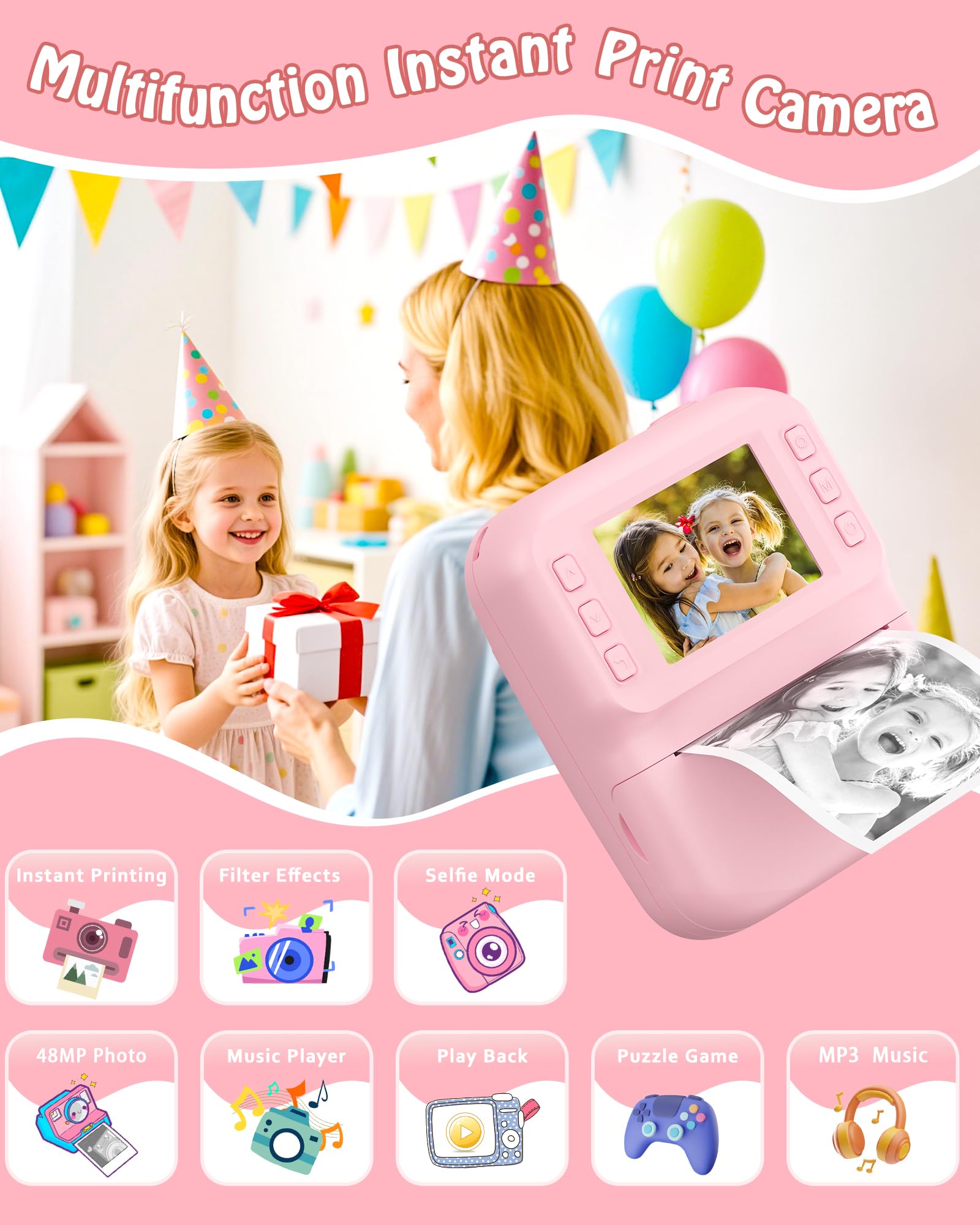 Macchina Fotografica Bambini, Schermo 2.4 HD Pollici e, Scheda da 32 GB e 3 Rotoli di Carta Fotografica, 1080P Macchina Fotografica Istantanea, Adatto Bambini dai 3 ai 12 Anni (Rosa)