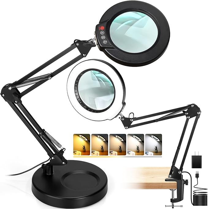 Seylae 10X Magnifying Glass with Light and Stand, 2-in-1 Desk Lamp & Clamp Light, Seylae 5 Color Modes, Brightness Stepless Dimmable LED Lighted Magnifier Hands Free, Magnifier Lamp for Close Work, Reading