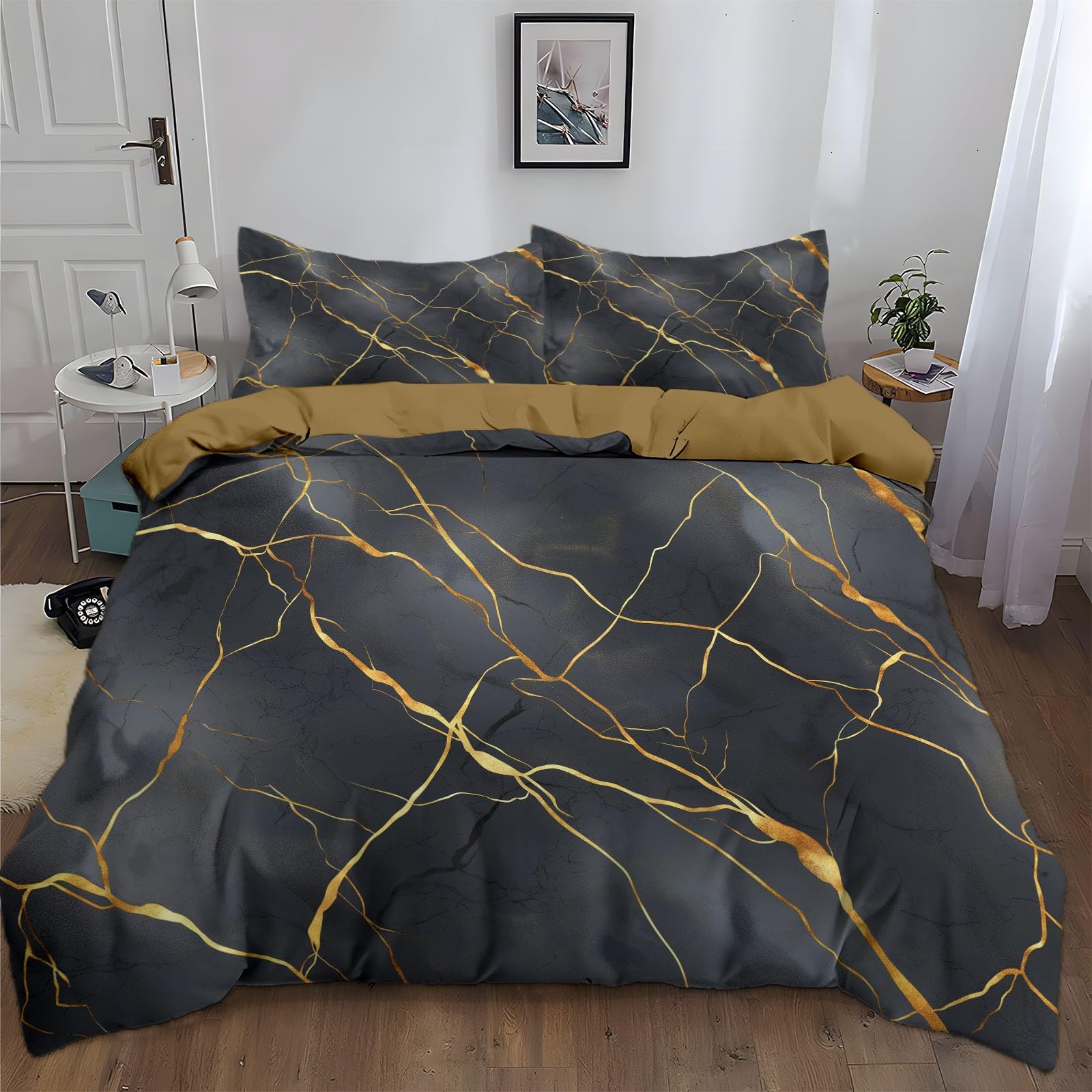 Bettwäsche Set Natürlicher Marmorstein Thema, 200 x 200 cm Bettbezug Weiche Mikrofaser, Dunkelgrau, Mit Reißverschluss und 80x80 cm 2 Kissenbezug