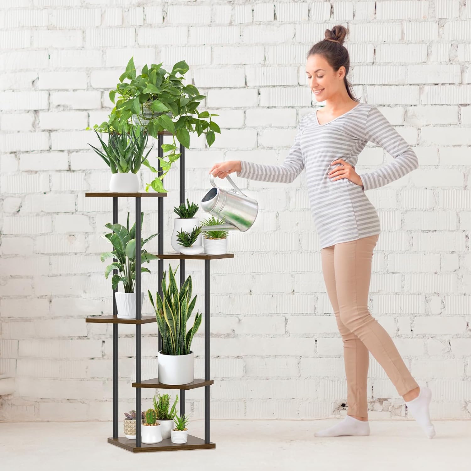 Oppro 6 Tier Plant Stand Indoor Outdoor, Tall Metal Wood Muti-Level Planter Shelf Holder, Sturdy Large Vertical Corner Orchid Flower Pot Display Rack for Narrow House Decor Office Living Room Bedroom, Oak