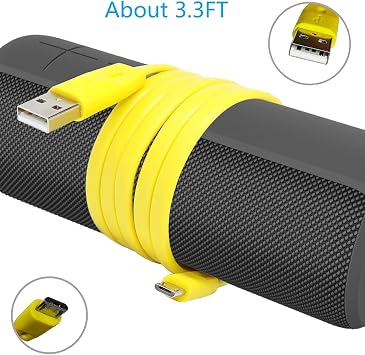 Replacement Micro USB Charging Cable Power Cord Compatible with Ultimate Ears Logitech UE Boom Megaboom Miniboom Boom2 Roll Wireless Speaker (Yellow)