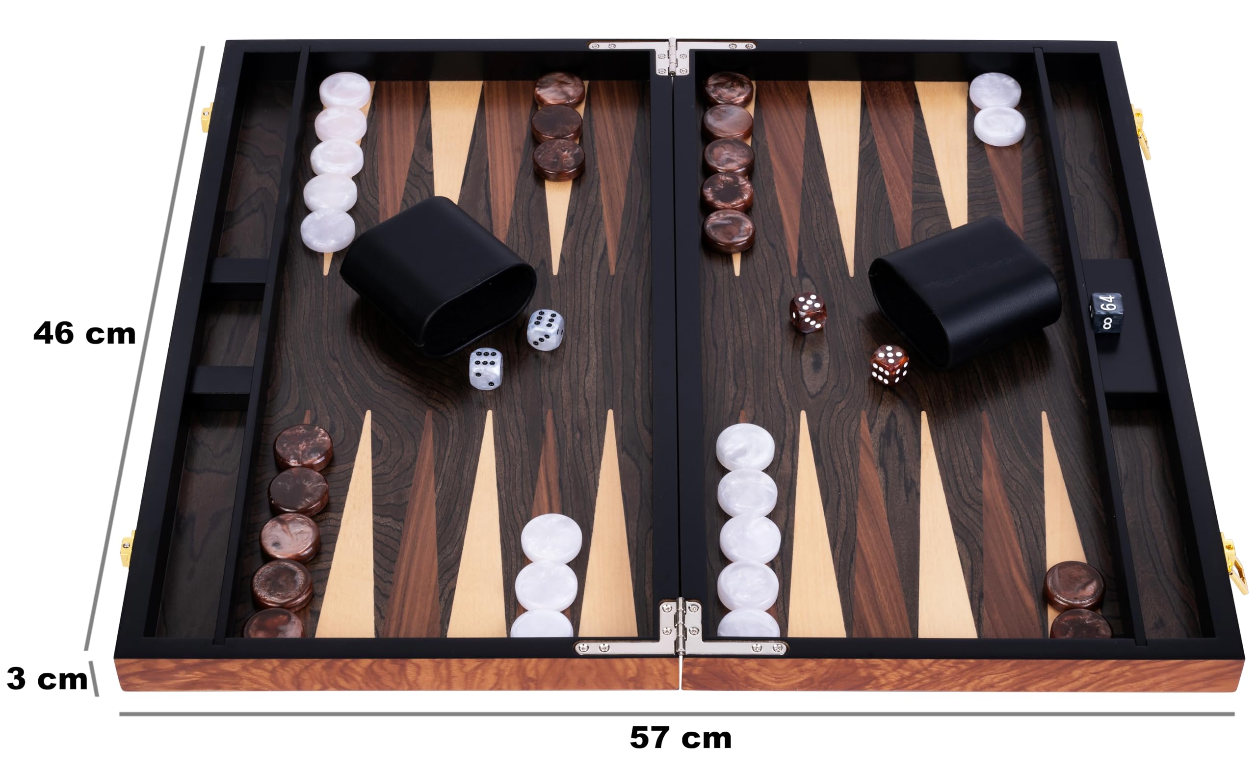 Engelhart 250541 Deluxe 18-inch Backgammon Set with Varnished Rosewood Veneer Metal Closure Pearly Dice, Chips, and Wooden Cups Included 2 Players Game Rules Included Ages 6+ - Image 3