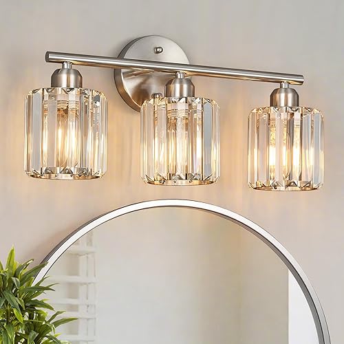 Moderna lámpara de tocador de cristal de 3 luces, lámpara vertical de baño de níquel cepillado sobre espejo para tocador y fregadero, compatible con