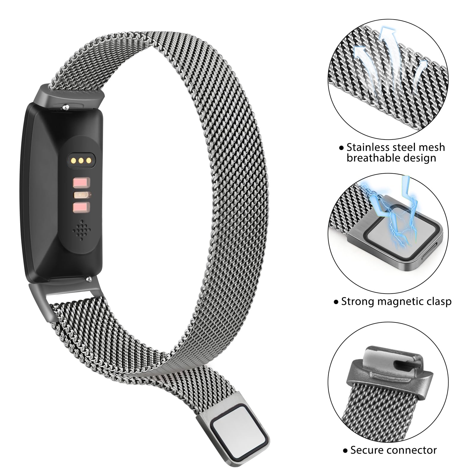 Zoye Stainless Steel Metal Mesh Replacement Wristband for Fitbit Inspire/Ace 2 Women Men (Space Gray), 5.9"- 8.6" (150mm-220mm) - Image 4