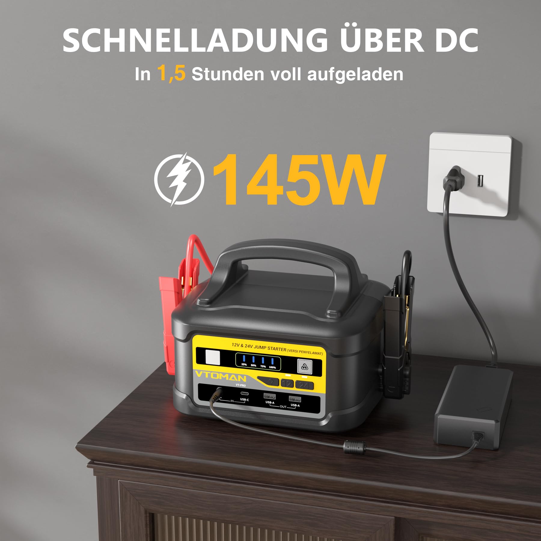 VTOMAN VT-PRO 10000A 12V/24V Starthilfe Powerbank – 58800 mAh Tragbare Autobatterie Starthilfe mit 145W Schnellladung, Starthilfegerät für LKWs, Wohnmobile und Yachten (Alle Benzin & Alle Diesel)