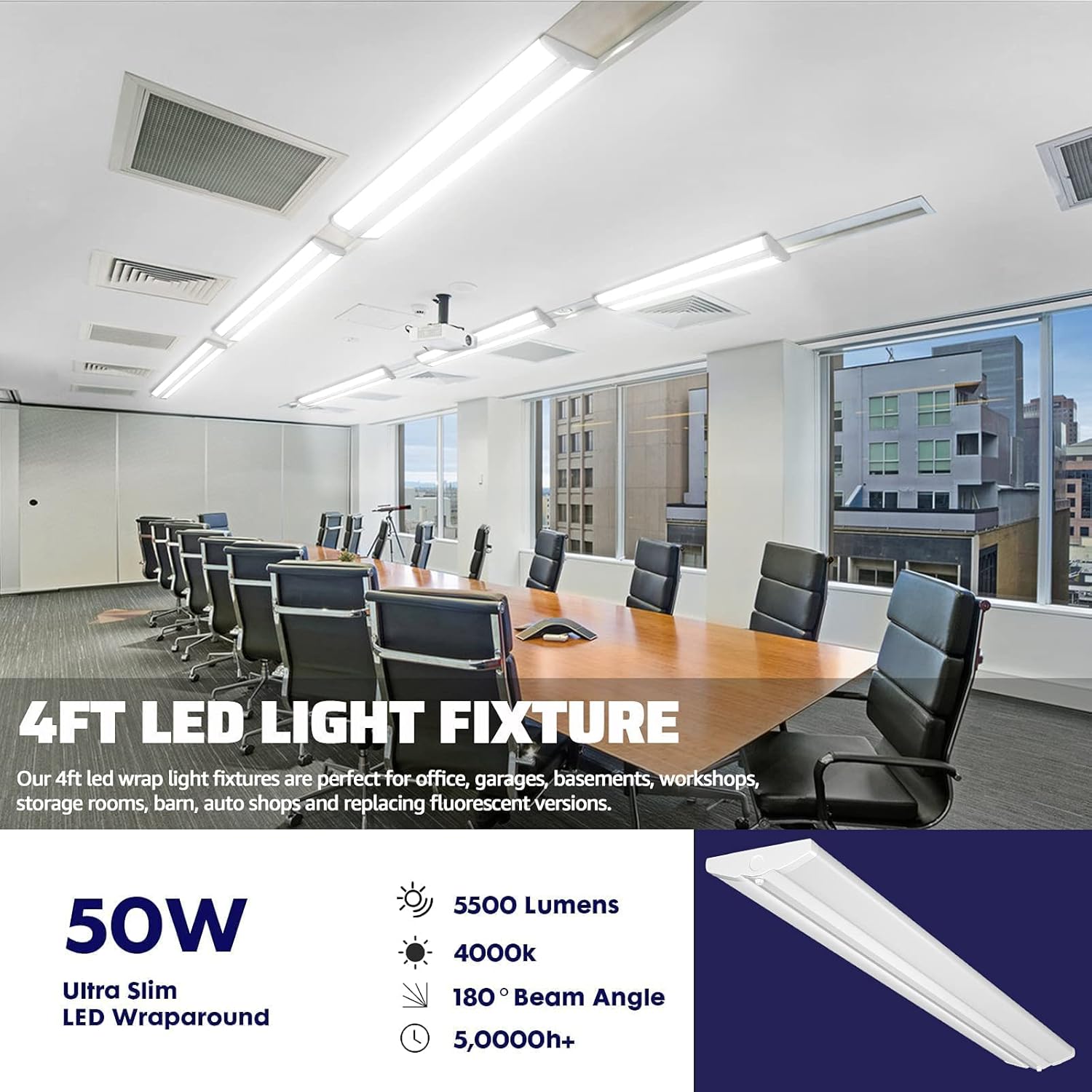 AntLux 4FT LED Wraparound Light Fixture 50W Ultra Slim LED Shop Lights for Garage, No Glare, 5500 Lumens, 4000K Neutral White, 4 Foot Flush Mount Office Ceiling Wrap Light for Workshop Kitchen, 4 Pack : Everything Else
