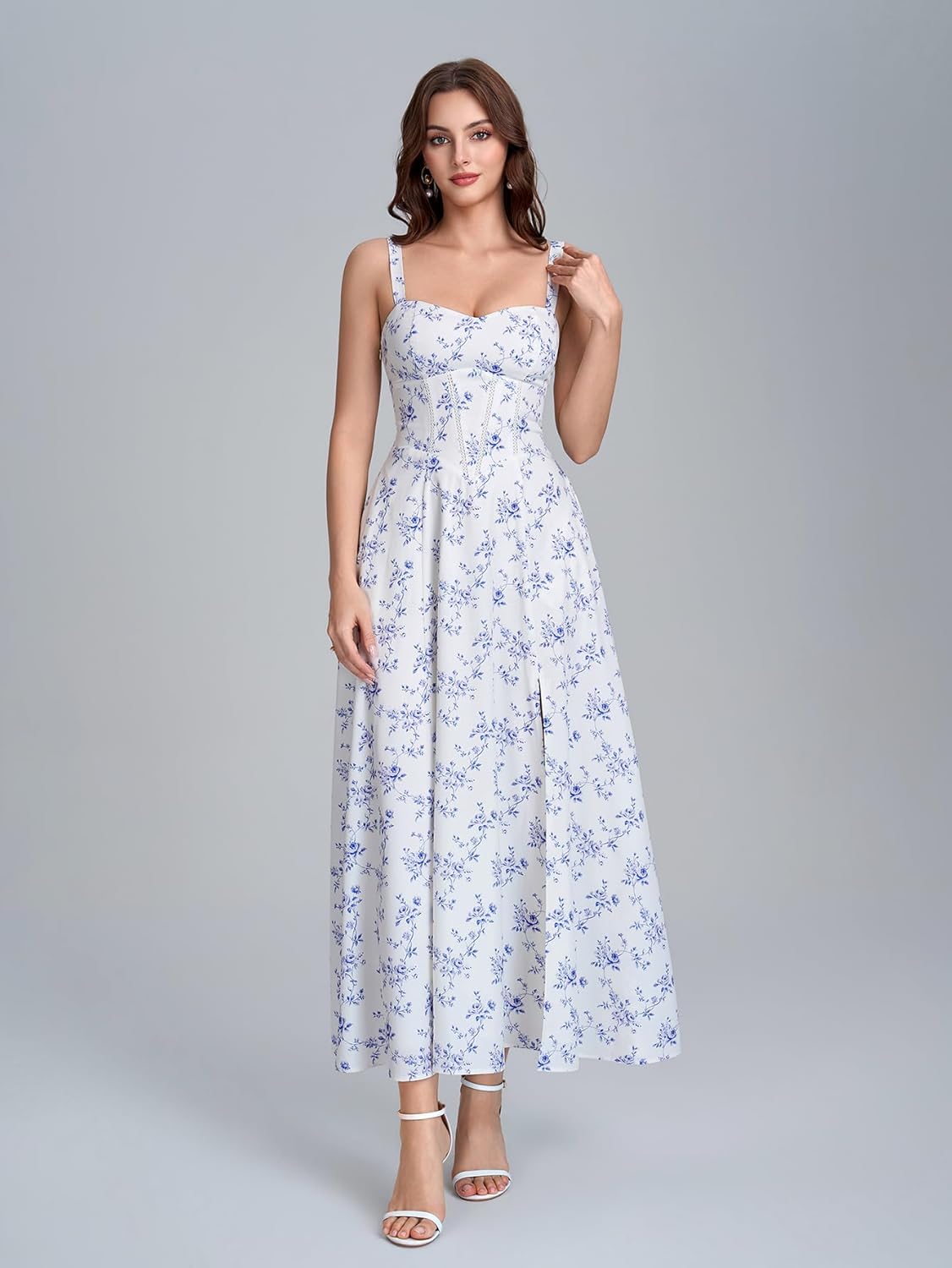 Women Floral Corset Midi Dress Lace Up Flowy A Line Slit Long Sundress Summer Casual Tea Party Dresses with Pockets