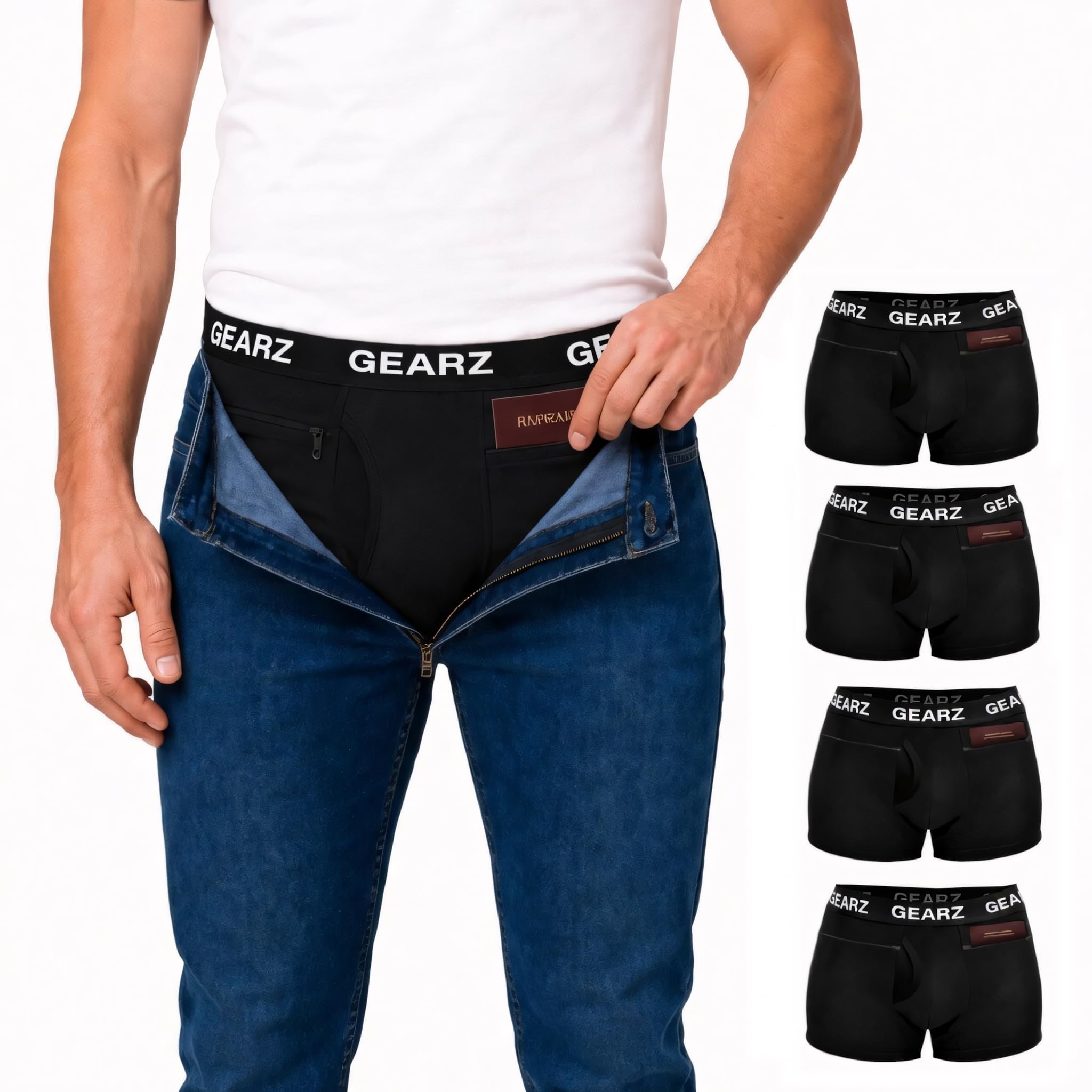GEARZ - Pack 4 Boxer antifurto Uomo, Boxer Tasca Zip Sicurezza con Tasche nascoste, Intimo Viaggio Sport Cotone Nero Resistente
