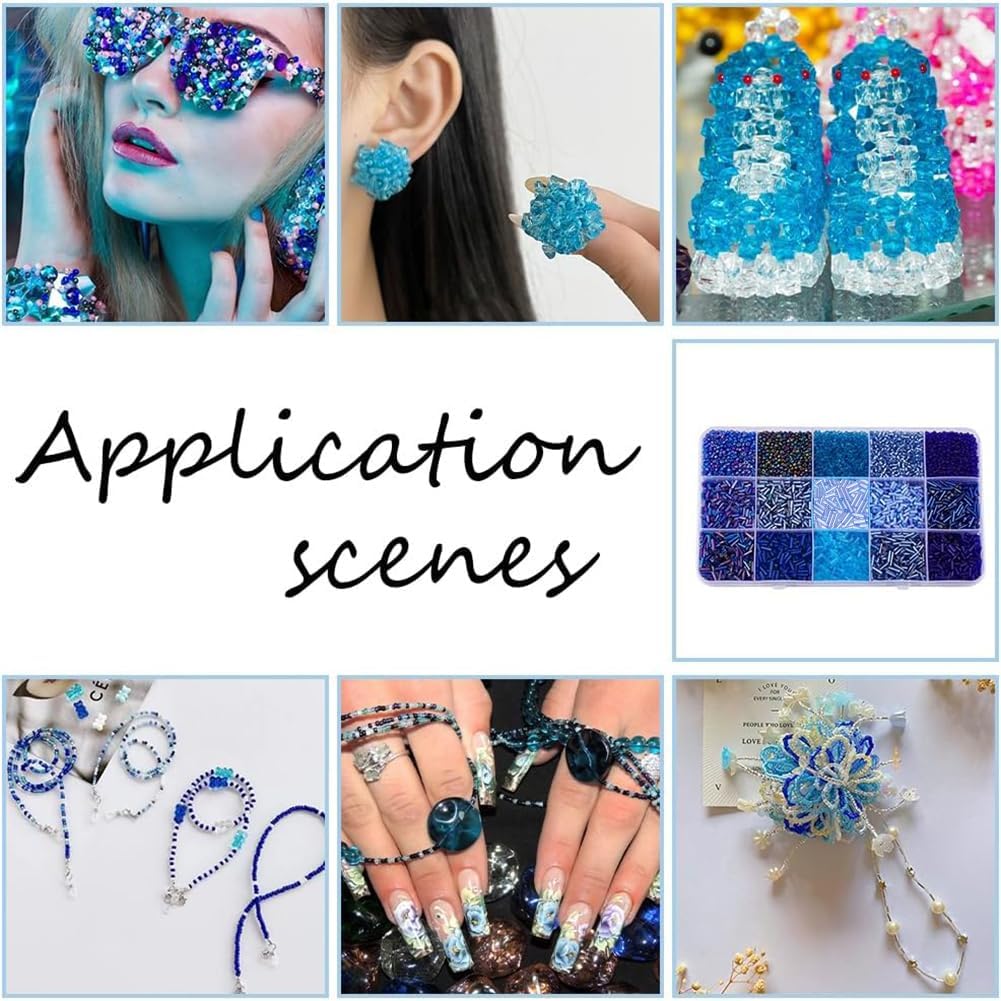 PH PandaHall 8000pcs 15 Colors Blue Series Glass Seed Beads 2mm Mini Round Glass Beads 3-8mm Bugle Bead Tube Spacer Bead for Summer Seaside Bracelets Necklaces Earrings Jewelry Making Weaving, 210g - Image 5