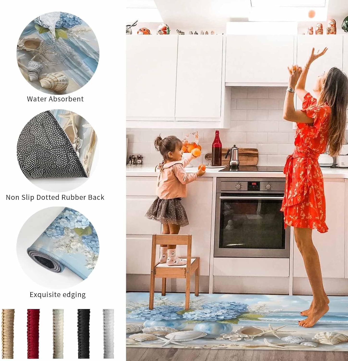 2 Pieces Kitchen Rugs and Mats,Summer Beach Blue Hydrangeas Area Runner Rug Set Non Slip Floor Doormat Washable Carpet Standing Mat for Kitchen Sink Indoor Corridor,Coastal Ocean Starfish Shell