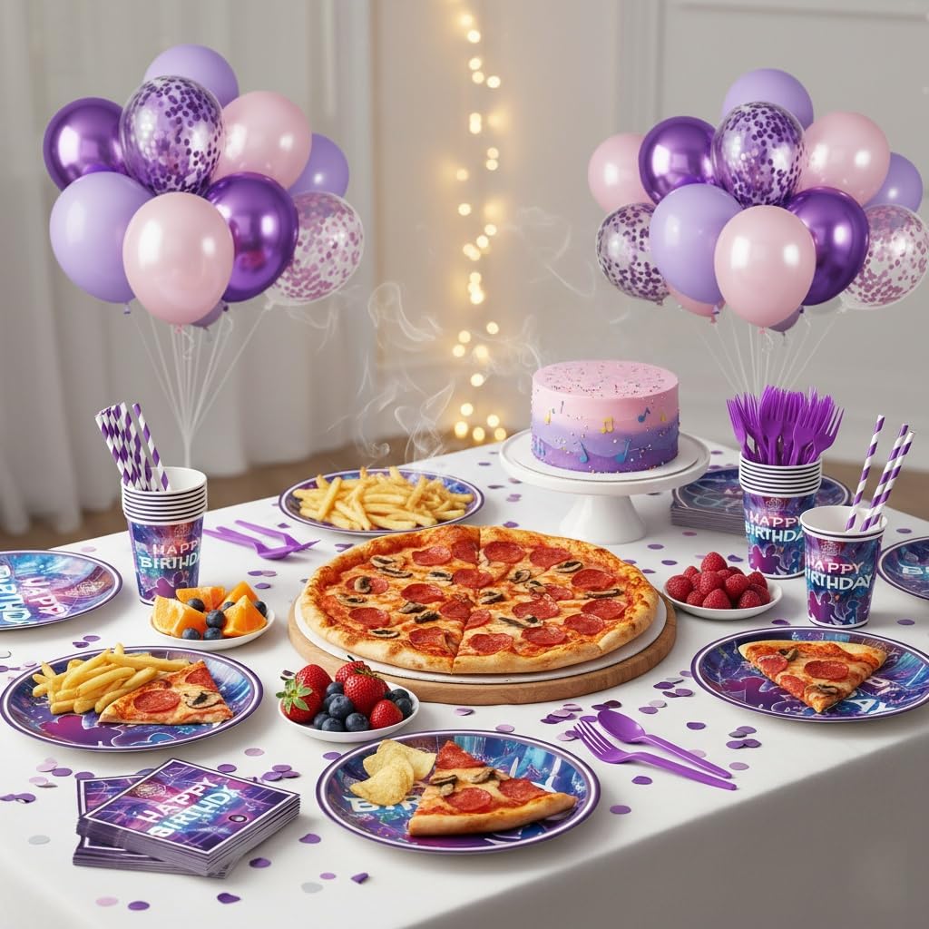 Kpop Birthday Party Decorations Serve 24, 199Pcs K Pop Party Supplies, Dinner Plates Dessert Plates Napkins Cups Forks Pink Purple Balloons for Kpop Party Favors