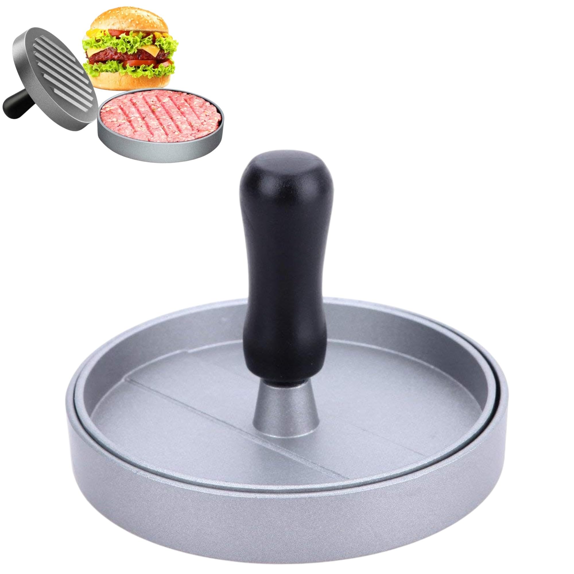 THW® Tikki Patty Burger Grill Press | Aluminum Patty Maker Mold for Homemade Burgers | 4.5” Diameter, Non-Stick, Adjustable Thickness | Ideal for Burgers, Cakes & Appetizers | Manual Burger Press
