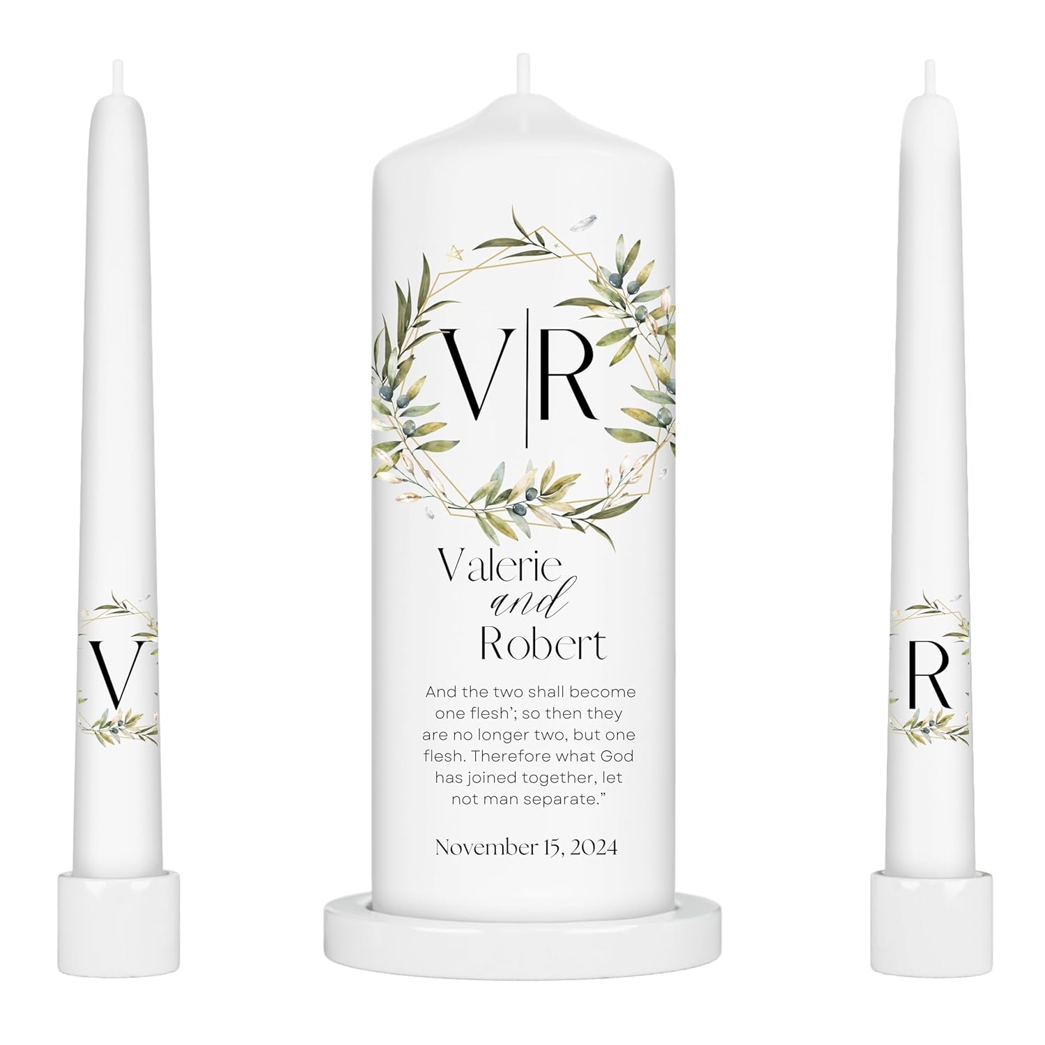 Unity Candle Wedding Set, Set of 3, Personalized 3x9 Pillar and Taper Candles with