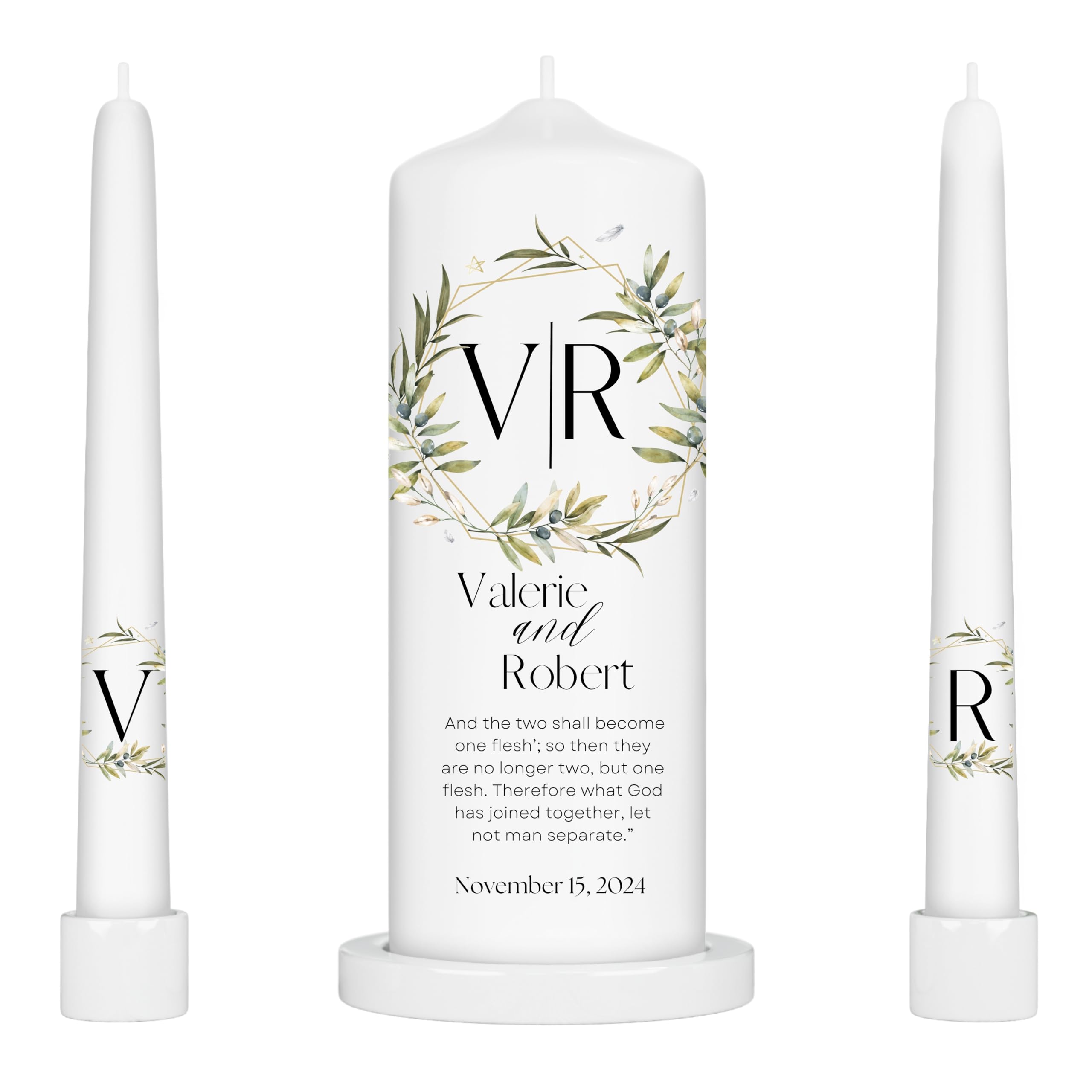 Unity Candles for Wedding, Modern Unity Set, Custom and Personalized Pillar and Taper Candles with Bible Quote, Unscented White Premium Wax, Religious and Wedding Ceremony, Special Events (Garden)