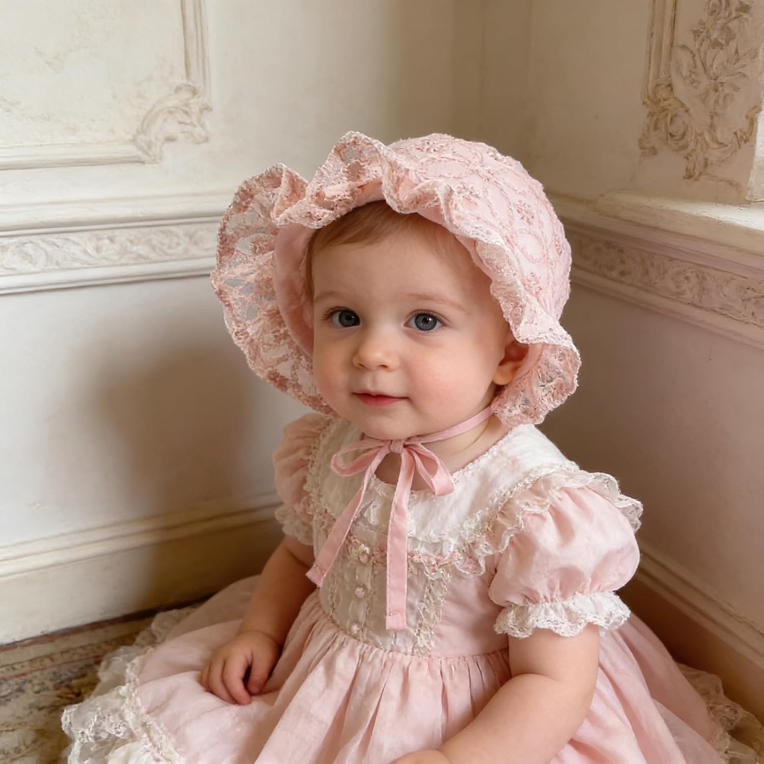 Baby Girl Boy Lace Bonnet Hat – Soft Warm Double Layer Christening Adjustable Eyelet Sun Hat for Infant Newborn Toddler