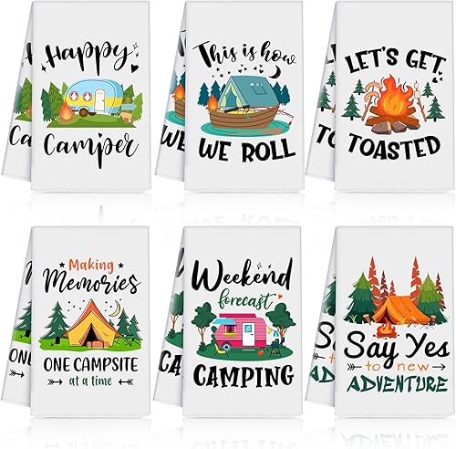 Zubebe Juego de 6 toallas de campamento, accesorios de cocina, decoración de campista feliz de 28 x 18 pulgadas, decoraciones para interior con