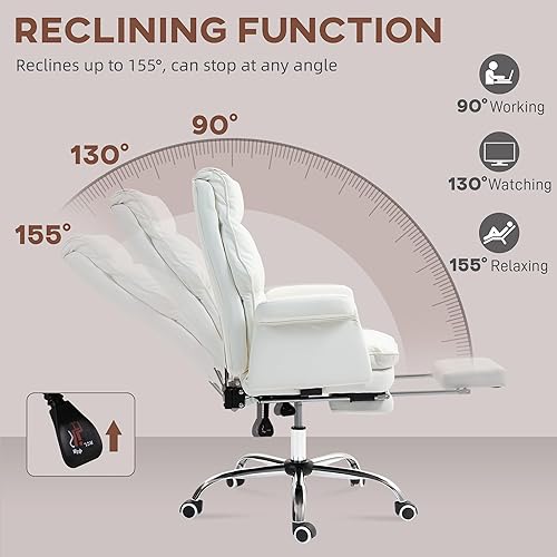 Miniatura 6 de HOMCOM Silla de oficina ejecutiva, silla de escritorio ergonómica de piel sintética con reposapiés, silla reclinable y giratoria, color blanco