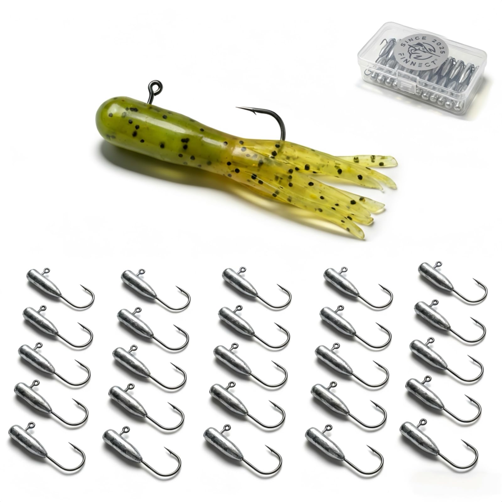 25pcs/Box Mini Tube Jig Heads (1/64oz-3/16oz, #1-#6 Hook Sizes) - 90° Water Drop Design for Crappie, Panfish & Bass Fishing