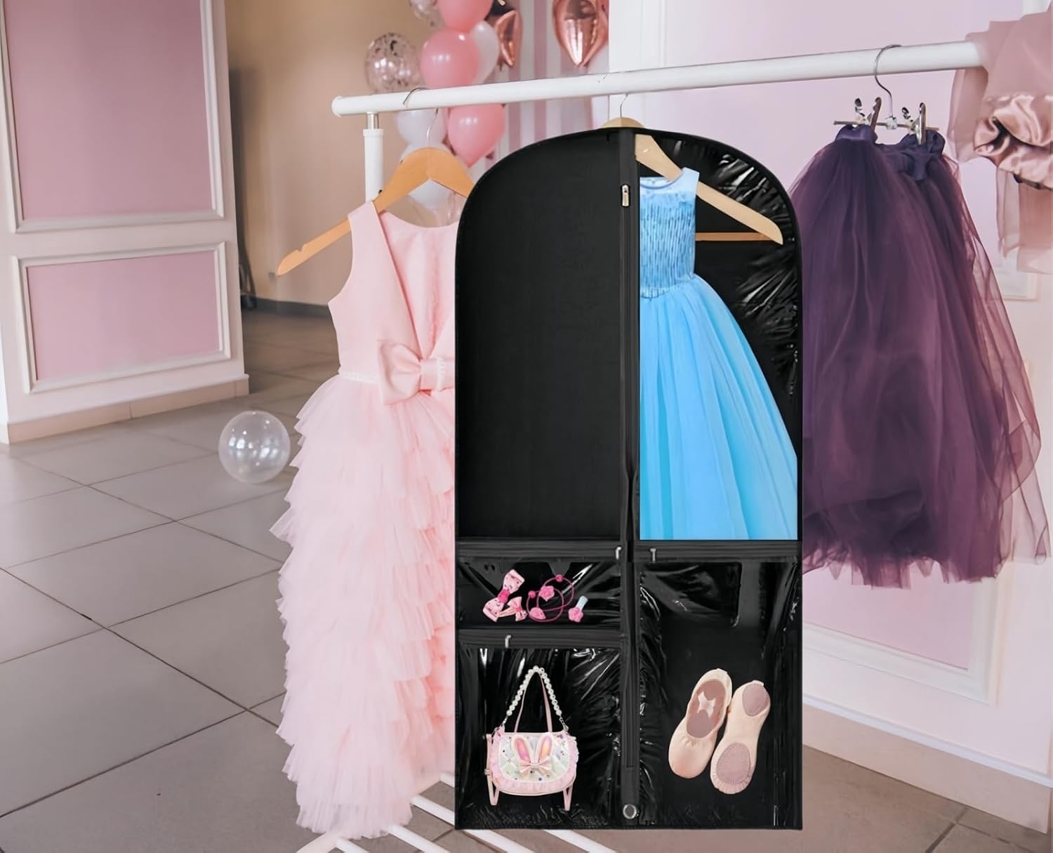 Clear Dance Costume Garment Bag, 39 Inch Garment Bag for Dance Competitions, Kids Hanging Clothes Cover for Girls Closet Storage with 3 Zippered Pockets