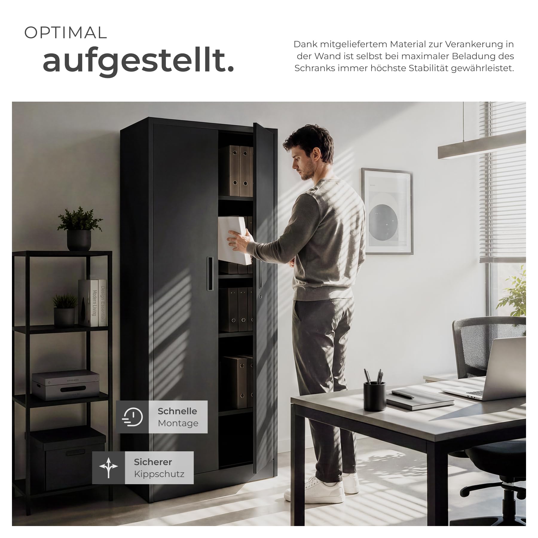 TecTake® Aktenschrank, 60 x 40 x 180,5 cm, mit Magnetverschluss und 4 verstellbare Böden, abschließbar,mit Kippschutz, höhenverstellbare Füße, pulverbeschichtet, inkl. Handschuhe für Aufbau - schwarz
