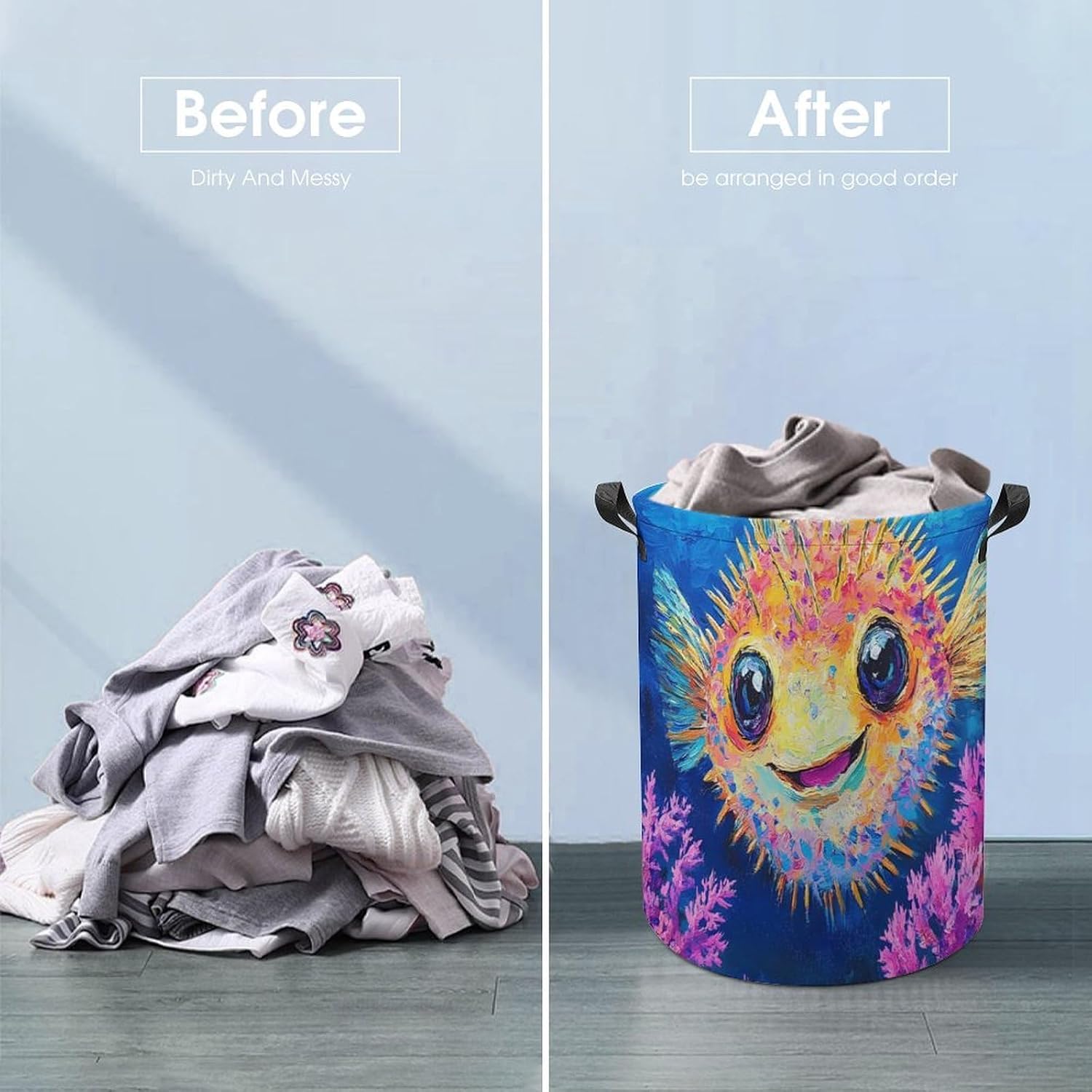 Funny Puffer Fish Laundry Hamper Basket for Home Bathroom | clothes storage,handle,large capacity,oxford