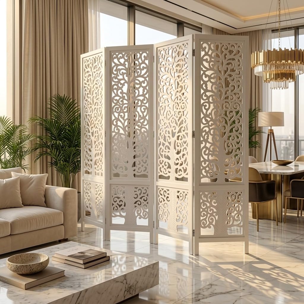 Wooden Room Divider 4 Panel Folding Privacy Screen, Freestanding Decorative Tree Design Partition Divider for Living Room, Bedroom, Office, White, 4 Panel-image-48
