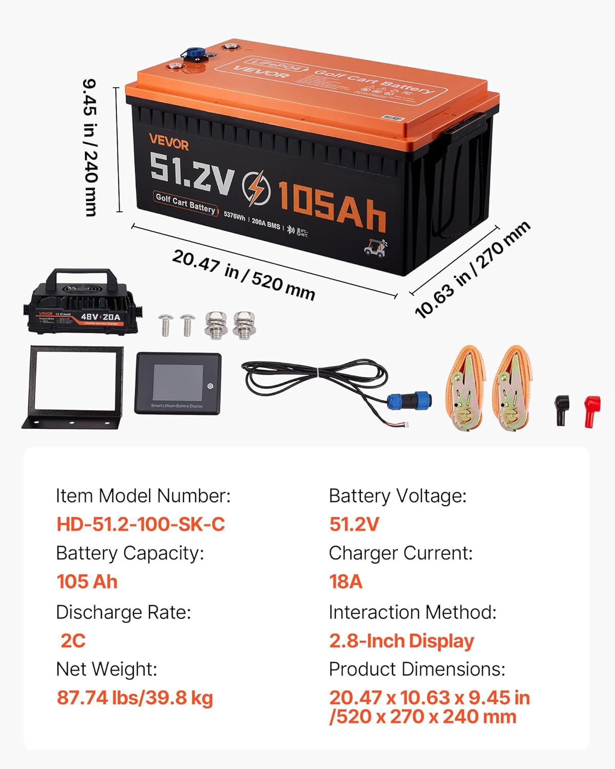 VEVOR 48V (51.2V) 105AH Lithium Golf Cart Battery, with 18A Charger, Lifepo4 Battery Kit, Built-in 200A BMS, with Bluetooth & Touch Monitor, 2C Discharge, 4000 Cycles, for Golf Carts, Trolling Motors
