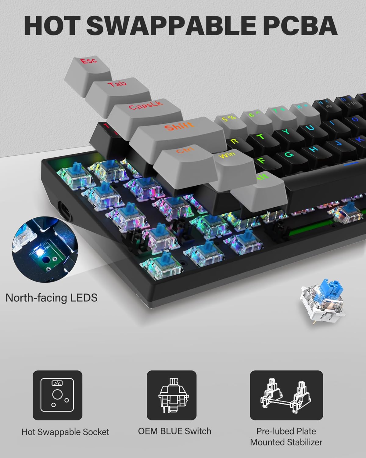 Падрабязны view of the E-YOOSO M10 keyboard's hot-swappable PCBA, blue switches, and pre-lubed stabilizers.