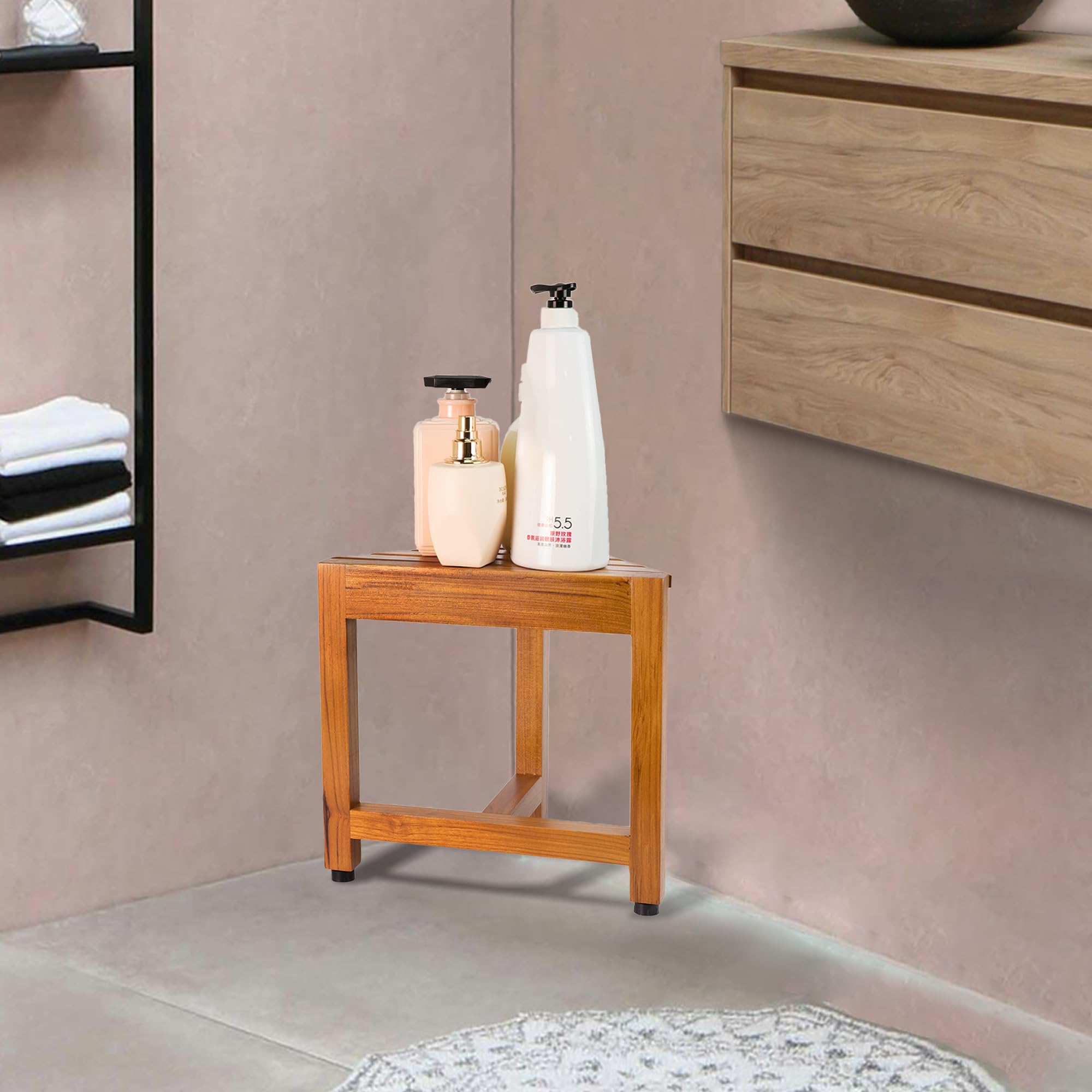 VaeFae Banco esquinero de Ducha de Teca, reposapiés de Madera, Banco de Ducha para Afeitar, Taburete de Ducha de Esquina para Ducha Interior, baño