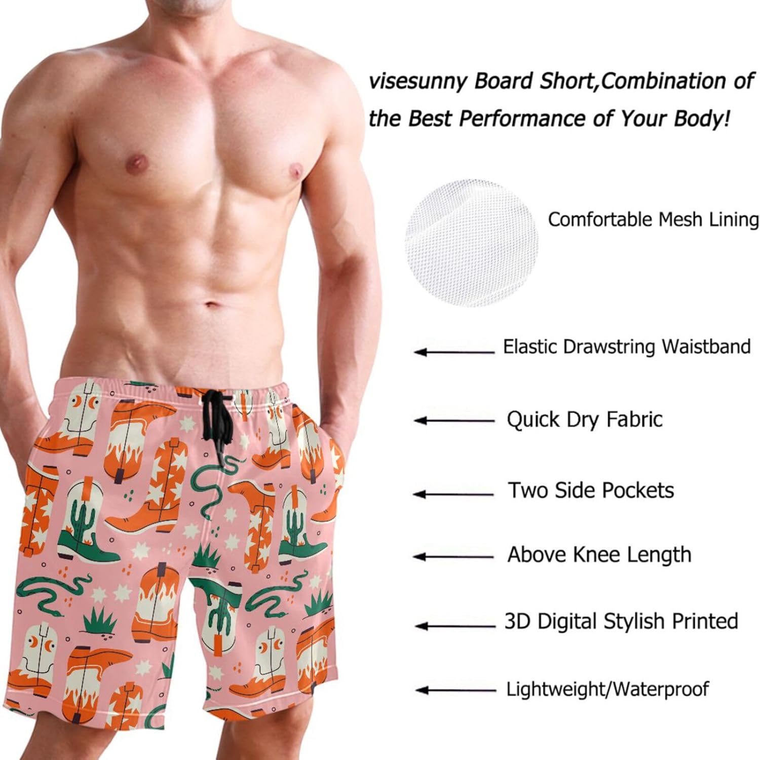 visesunny Stylish Summer Mens Swim Trunks Quick Dry Beachwear Sports Swim Board Shorts Holiday Party Bathing Suits