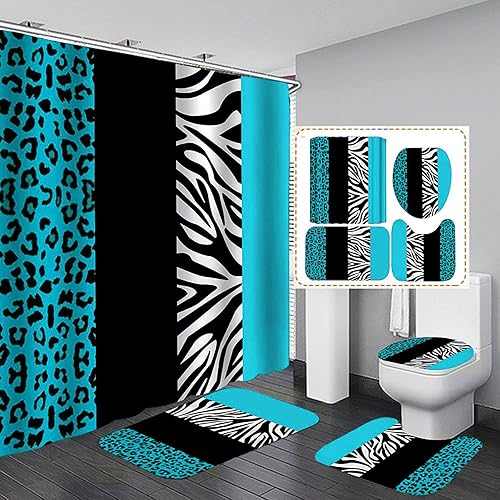 jieprom Juego de 4 cortinas de ducha con estampado de leopardo con alfombra antideslizante, cubierta para tapa de inodoro y tapete de baño, cortina