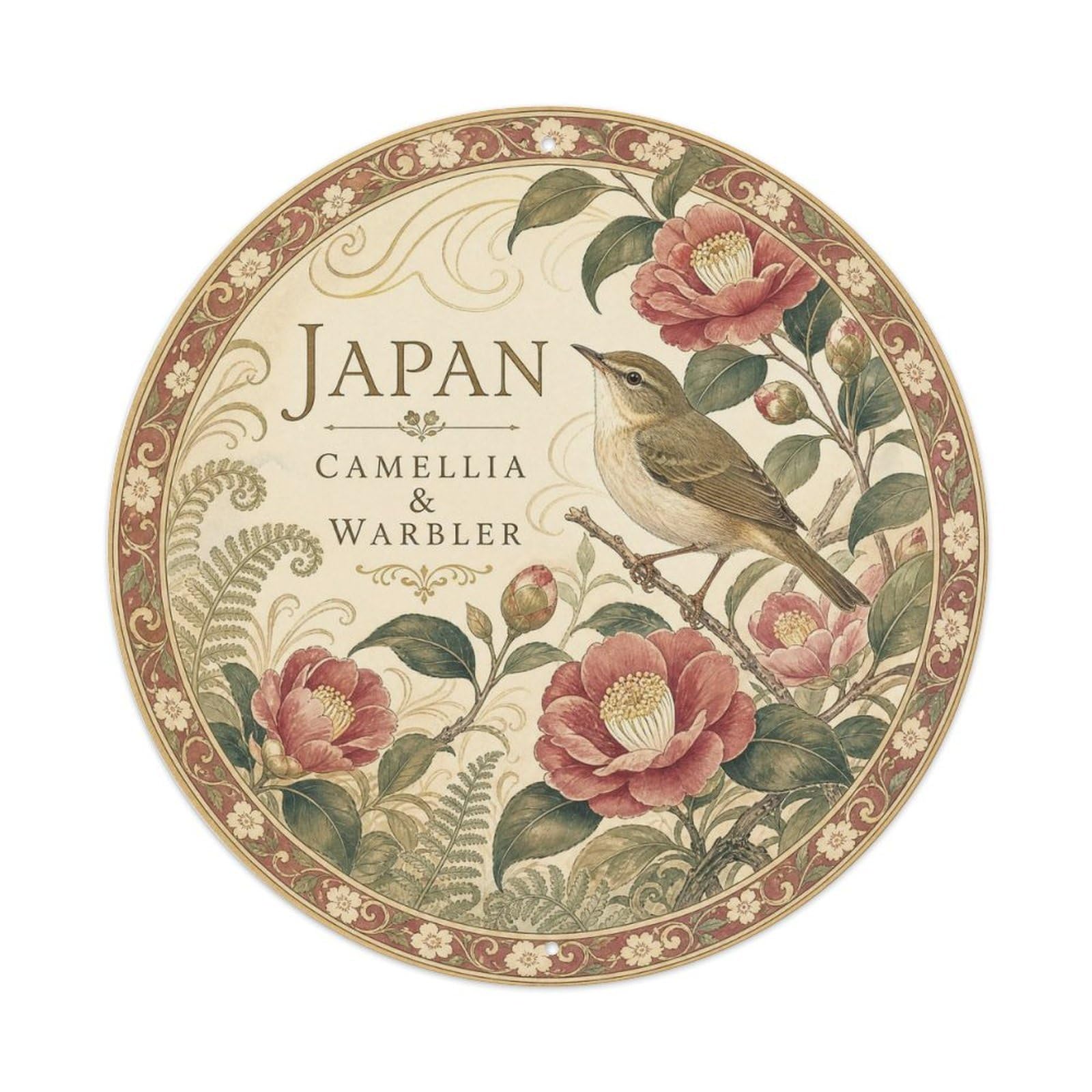Olyhtr 8X8inch Classic Style Taisho Japan Camellia Warbler Ceramic Folk Pattern Metal Tin Sign