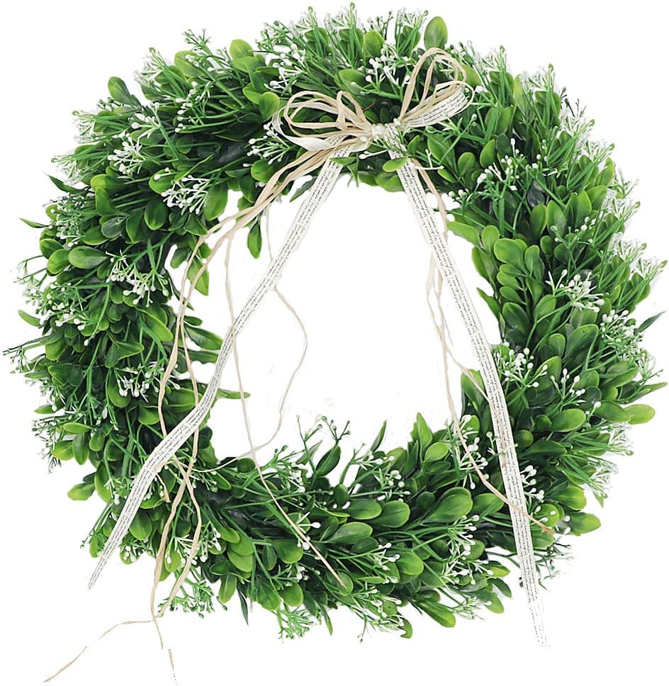Palmhill 16 inch Wreath Front Door, Artificial Plastic Green Leaf Lavender Wreath with Bow Spring Farmhouse Hoop Wreath Greenery Garland for for Father's Day Home Kitchen Office Wall Window All-Season