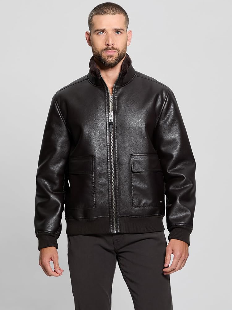 GUESS Men's Ryder Bonded Faux Leather Zip Jacket, Damson Fruit