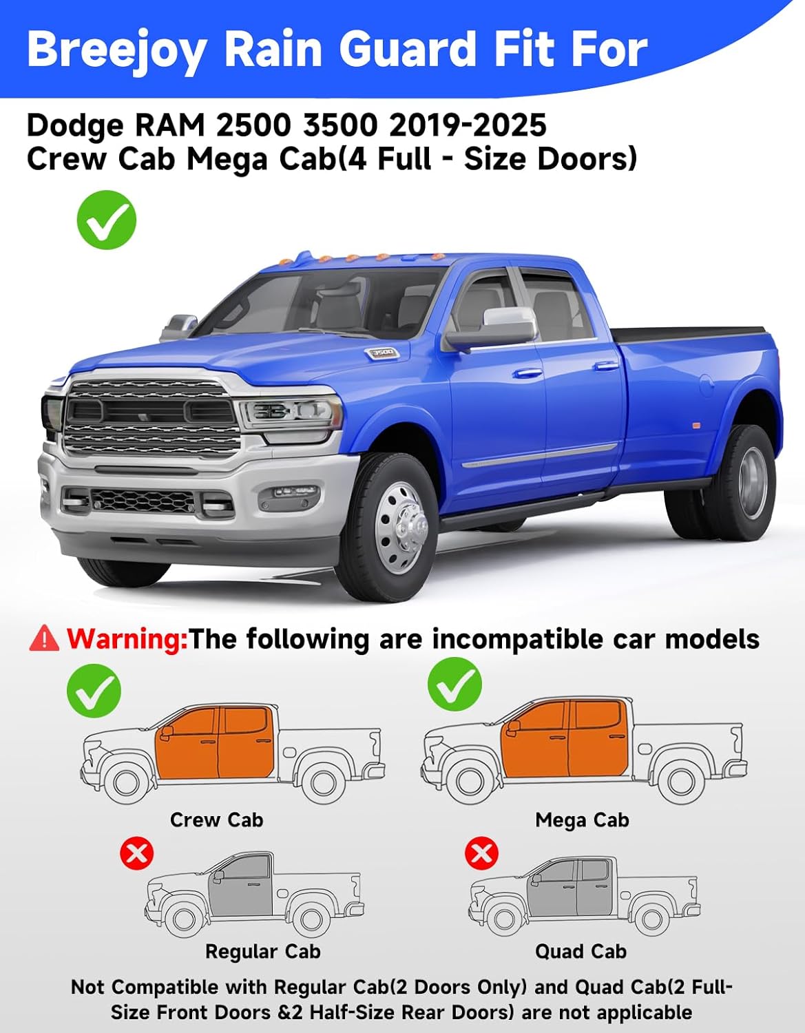 in-Channel Window Rain Guards Fit for Truck Dodge RAM 2500 3500 2019-2026 Crew Cab, Extra Durable Visors Vent Visors Window Deflector Vent Shades Car Accessories -4 pcs