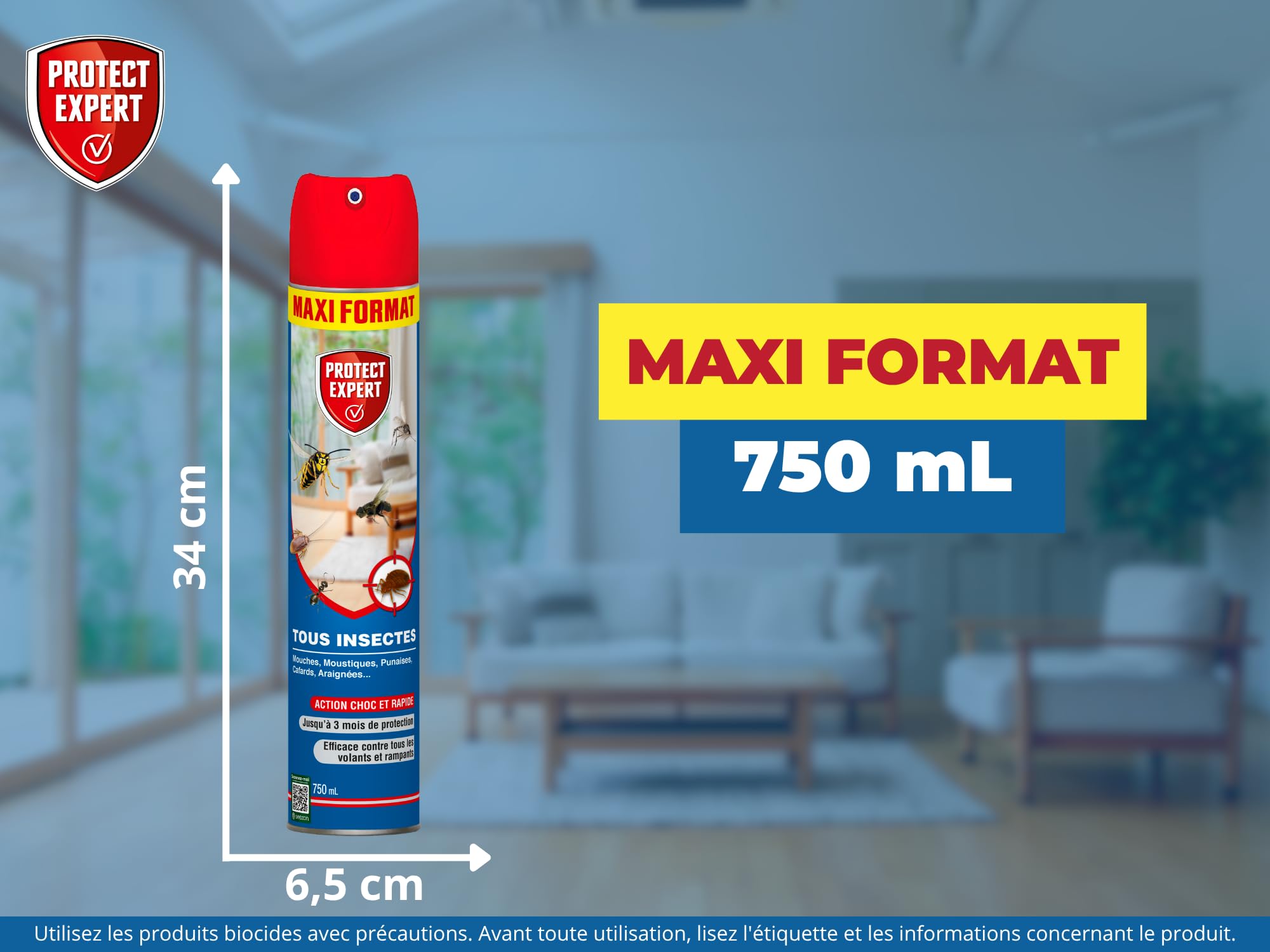 PROTECT EXPERT 4 Aérosols Insectes Volants & Rampants - 4x750ml | Moustiques, Mites, Fourmis, Puces - Action Curative & Préventive - Foudroyant - VOLRAMP750NX4