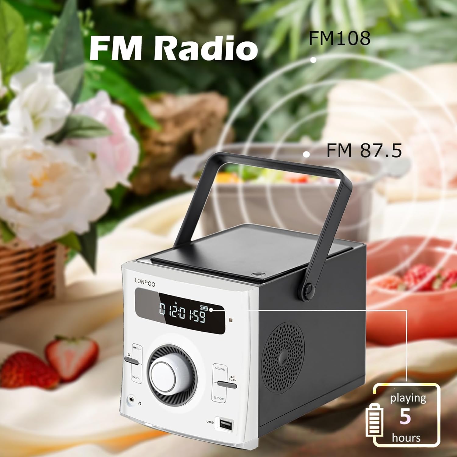 LONPOO LP-118W Boombox playing FM radio outdoors with frequency range indicated