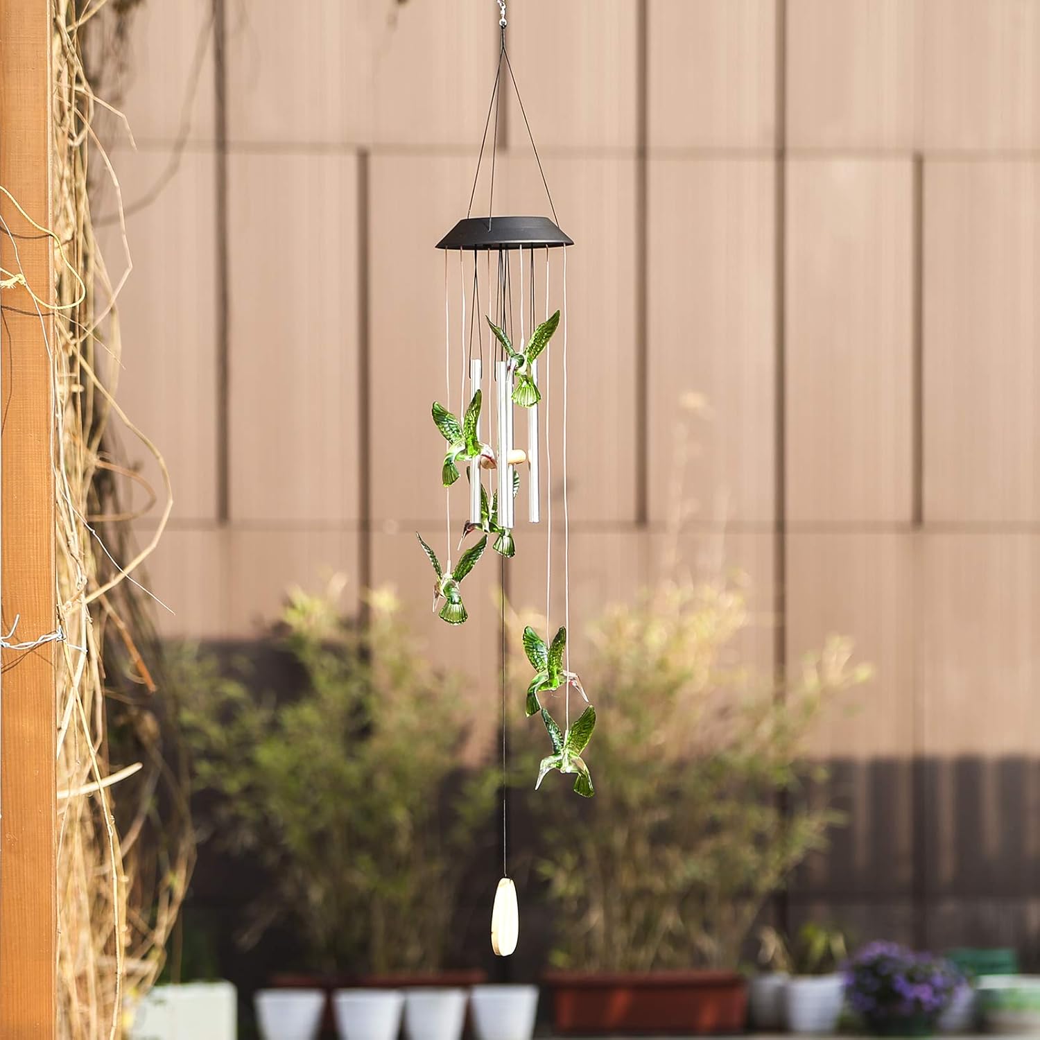 Fanciher Solar Hummingbird Wind Chimes,Color Changing Waterproof Solar LED String Lights with Tube Solid Wood Pendant for Home,Yard,Patio,Garden Decor, Mother's Day Hummingbird Gifts for Mom (Green)