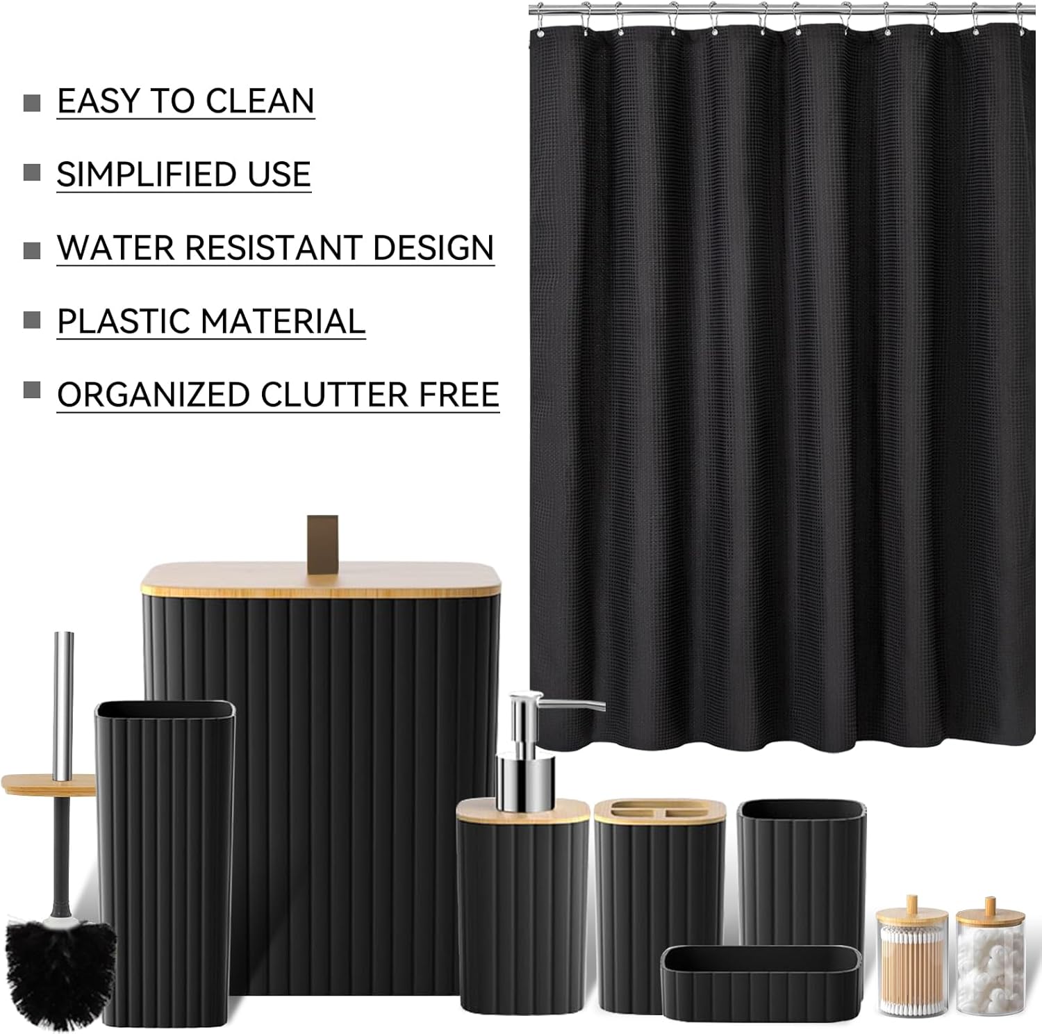 Bathroom Set - 22PCS Black Bathroom Accessories Set Trash Can Toilet Brush Holder Set Soap Dispenser Bathroom Accessory Set with Shower Curtain Bathroom Decor Set for Home, Restroom
