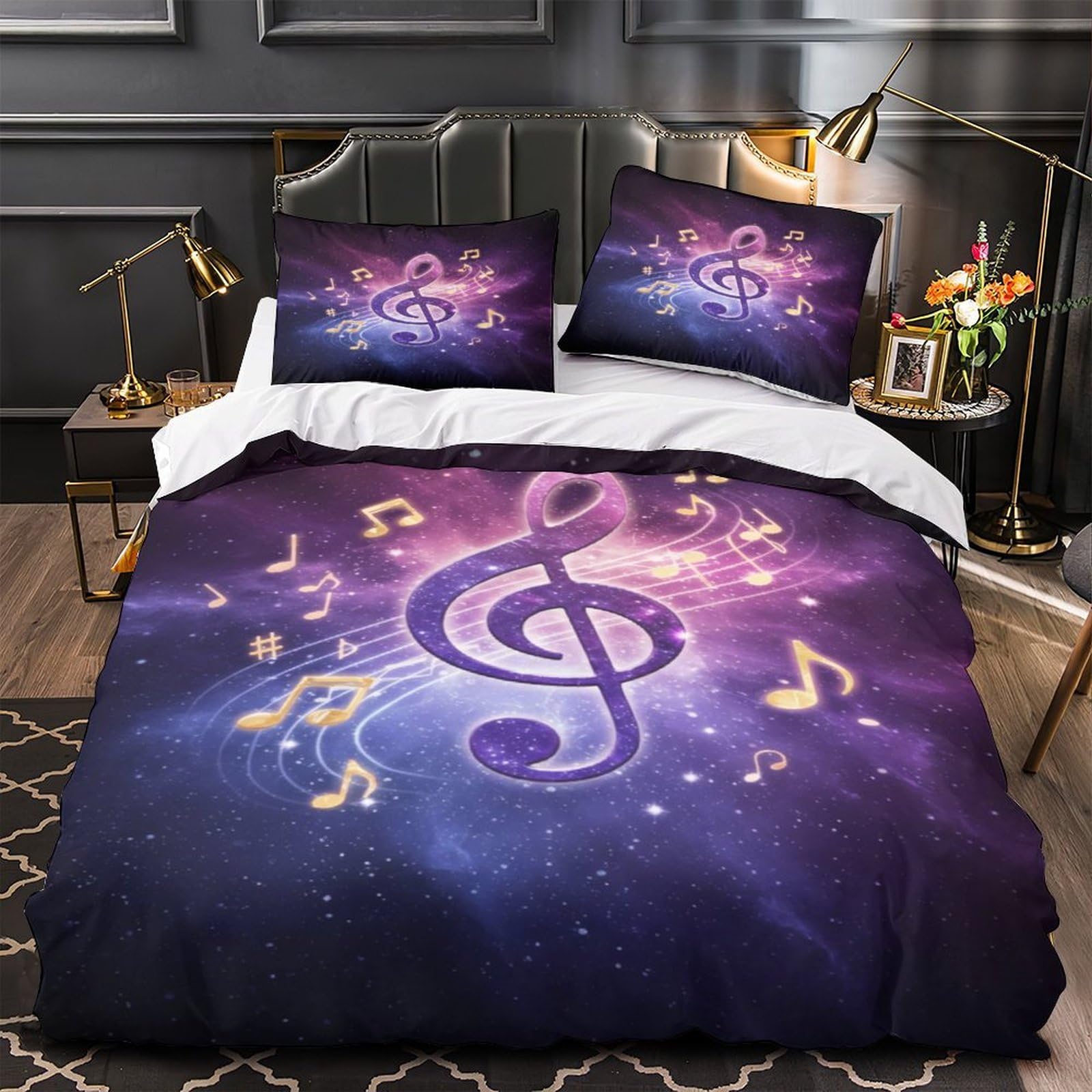 Housse de couette microfibre notes musicales 135x200 parure lit 3D hypoallergénique