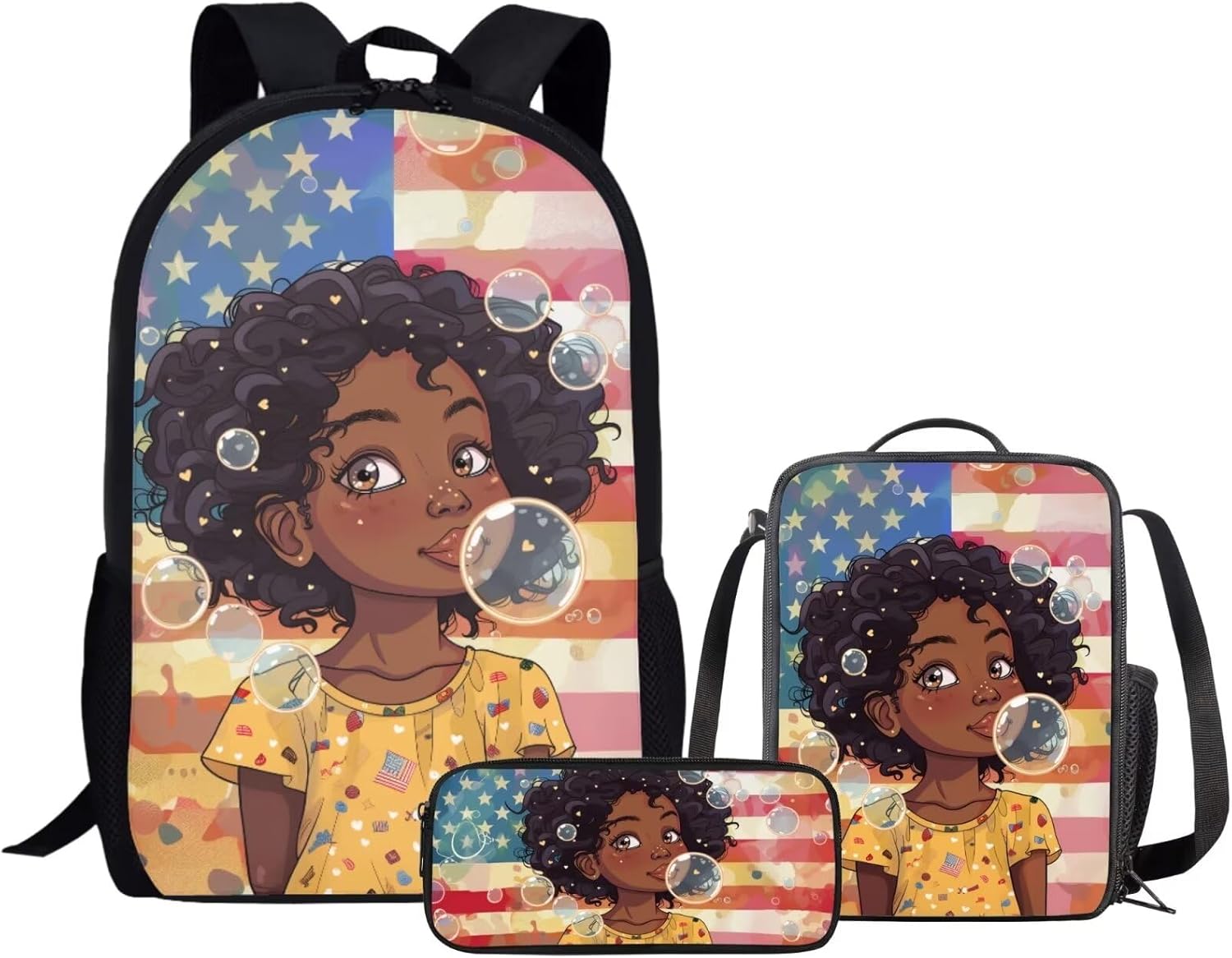 Black Girl Backpack African American 3Pcs Kids School Bag Backpack and Lunch Bag Set for Girls Elementary School Afro Backpack Set Bookbags for 3rd Grade Girls