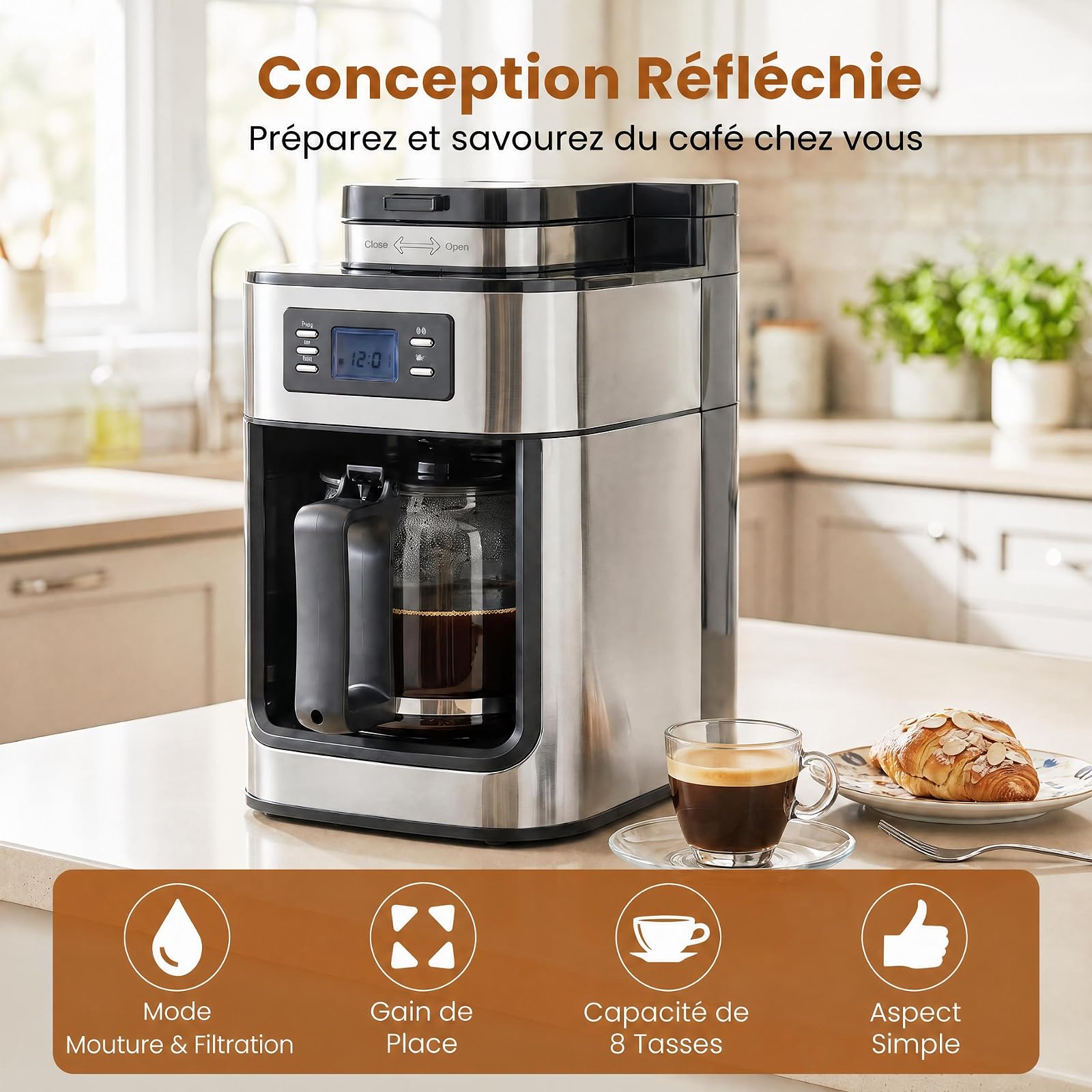 COSTWAY Cafetière Filtre avec Verseuse Isotherme de 1 L, Capacité 8 Tasses