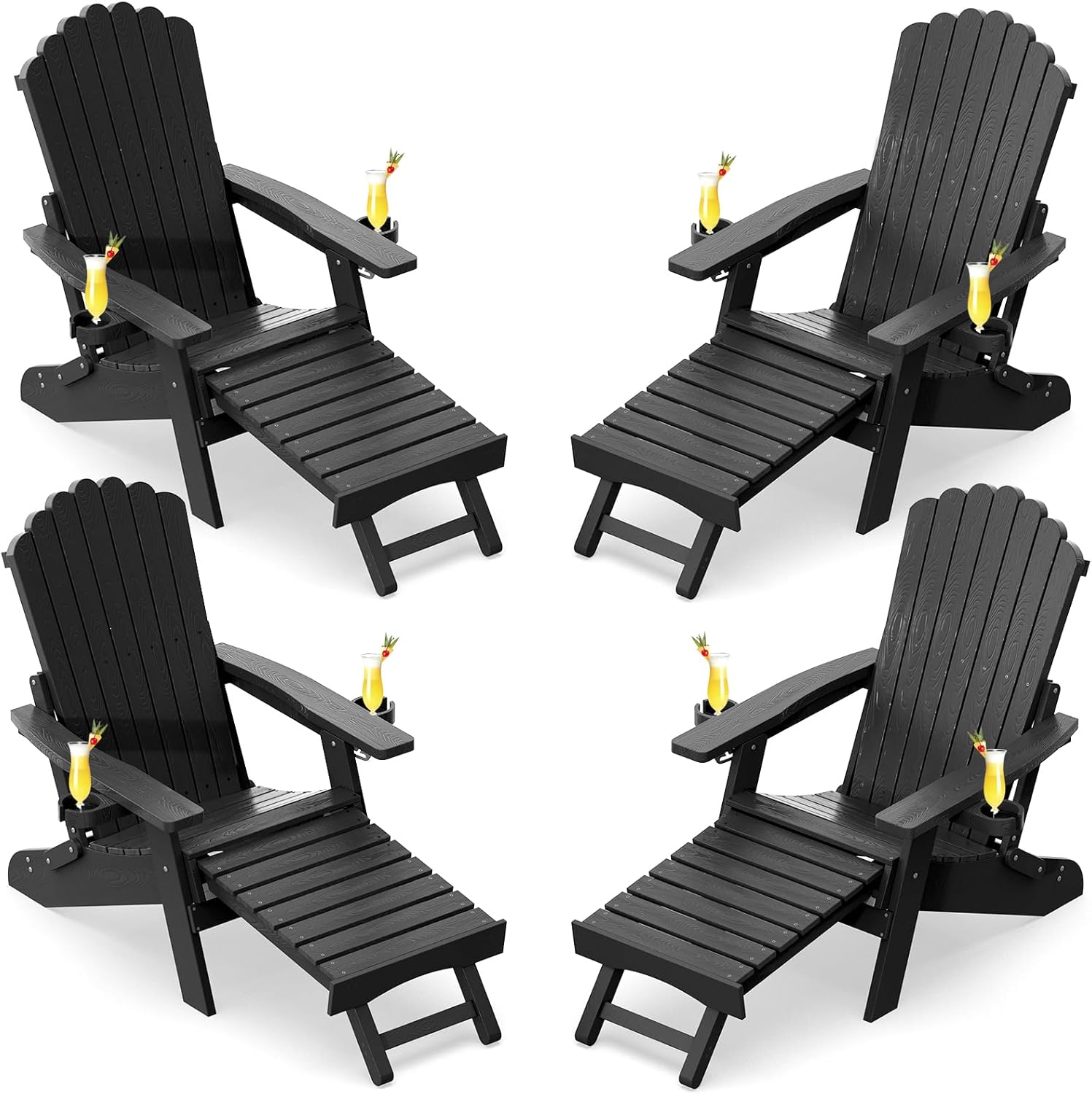 ZHUSI Folding Adirondack Chairs Set of 2 with Retractable Ottoman, Adjustable Adirondack Chair with 2 Cup Holders, Outdoor Chairs for Porch Patio Lawn Balcony Weather Resistant, Lake Blue